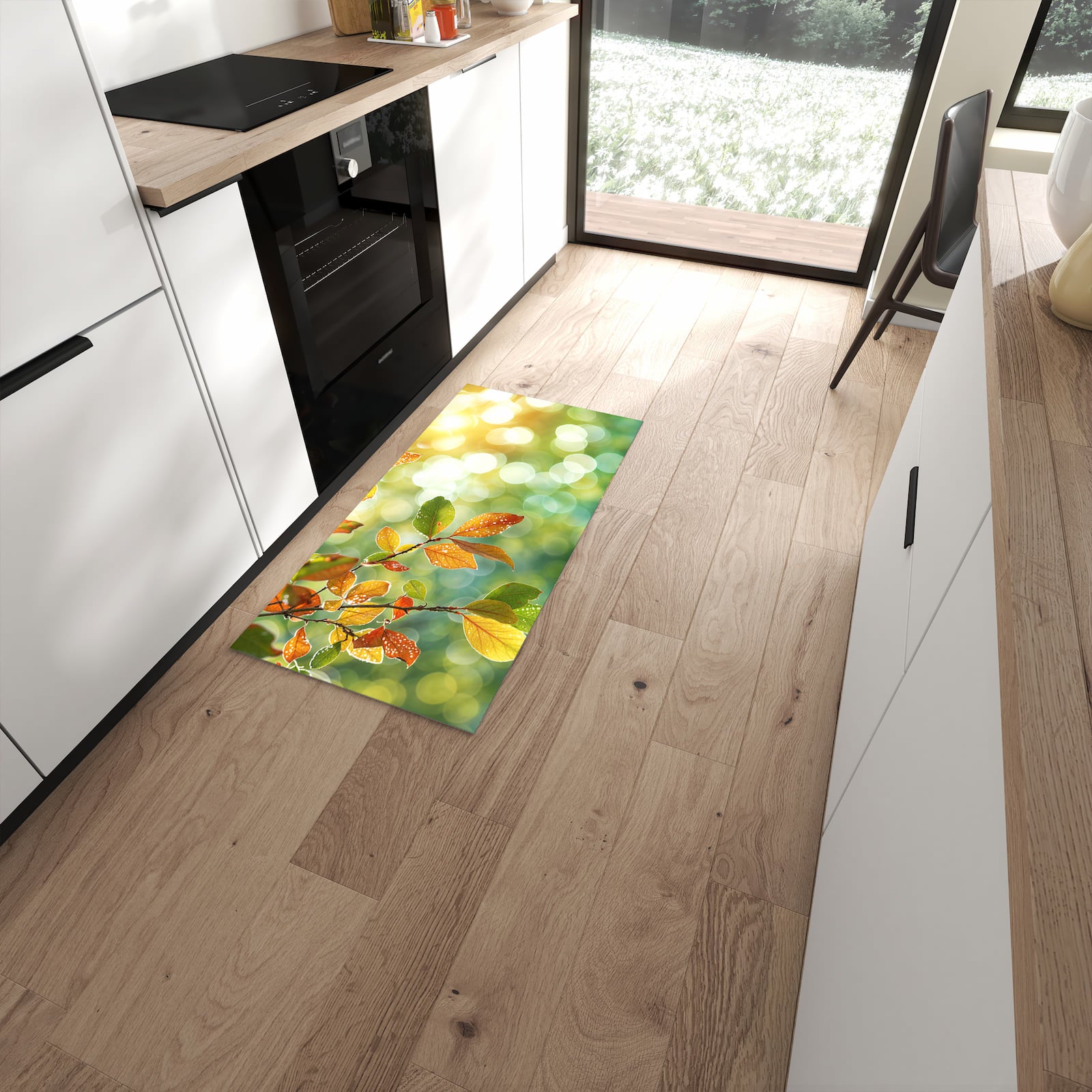 Wasserabweisender Bodenläufer mit Motiv Herbstlaube Lichtspiel in moderner Küche #grösse_60 x 120 cm