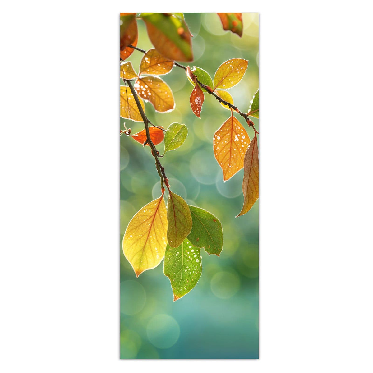 Wandbild - Blätter mit Tautropfen - Hochformat – Betaute Blätter vor goldenem Bokeh