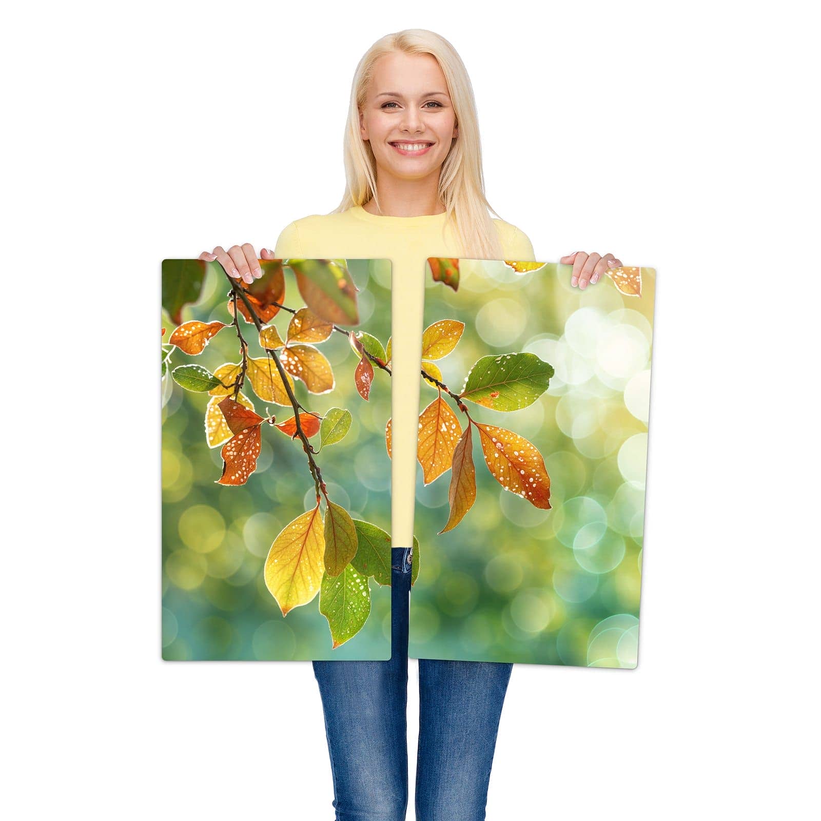 2-teilige Herdabdeckplatte Induktion mit Herbstlaube Lichtspiel-Motiv wird zur Größendarstellung gehalten