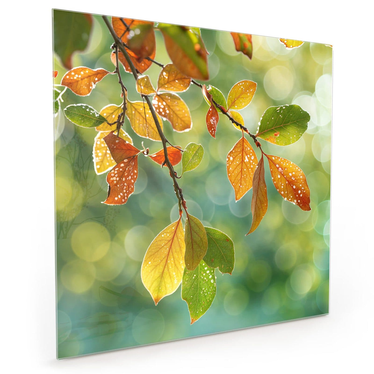 Küchenrückwand aus Glas im quadratischen Format mit Motiv Blätter mit Tautropfen #grösse_40 x 40 cm #grösse_50 x 50 cm #grösse_60 x 60 cm