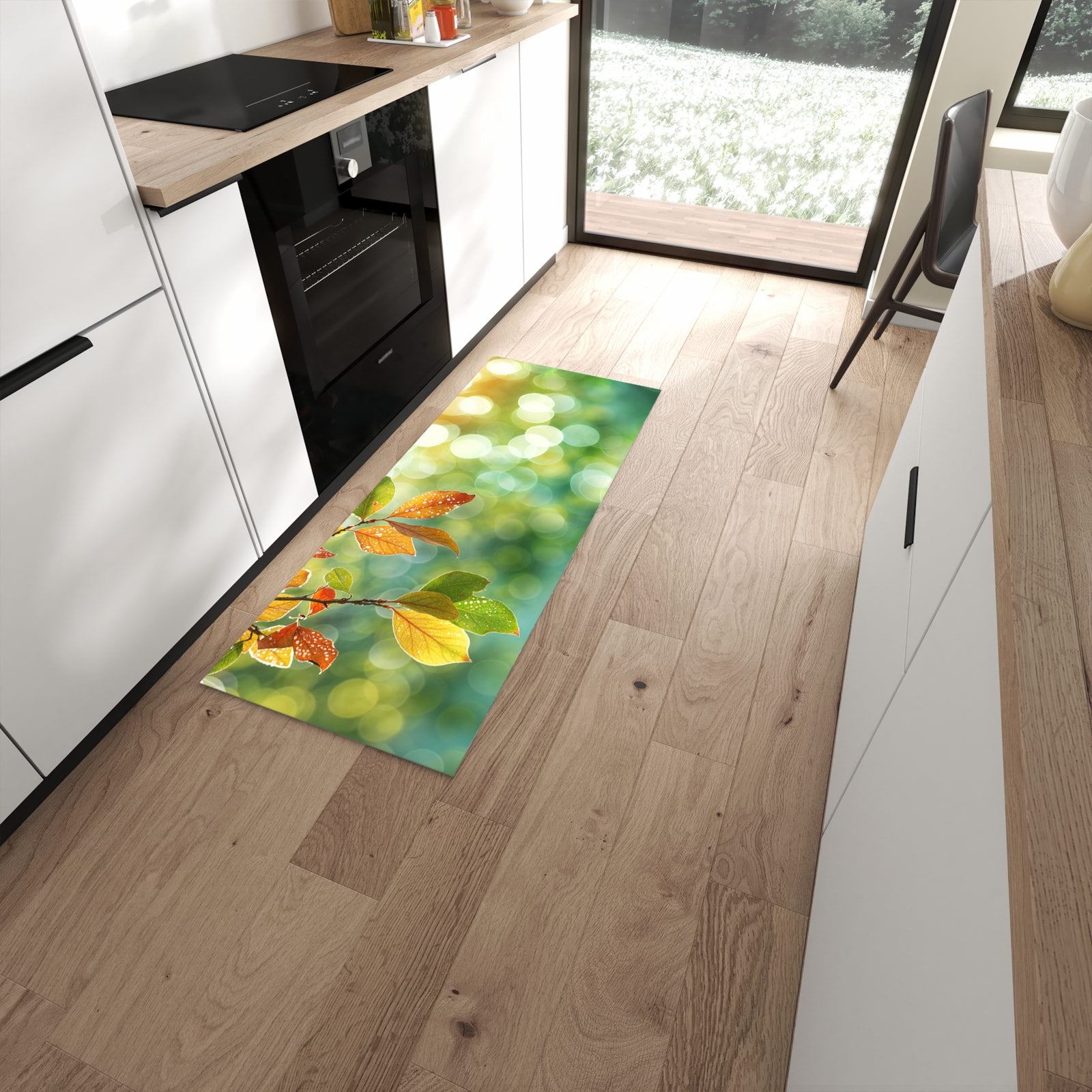 Fleckenresistenter Bodenläufer mit Motiv Herbstlaube Lichtspiel in moderner Küche #grösse_60 x 150 cm