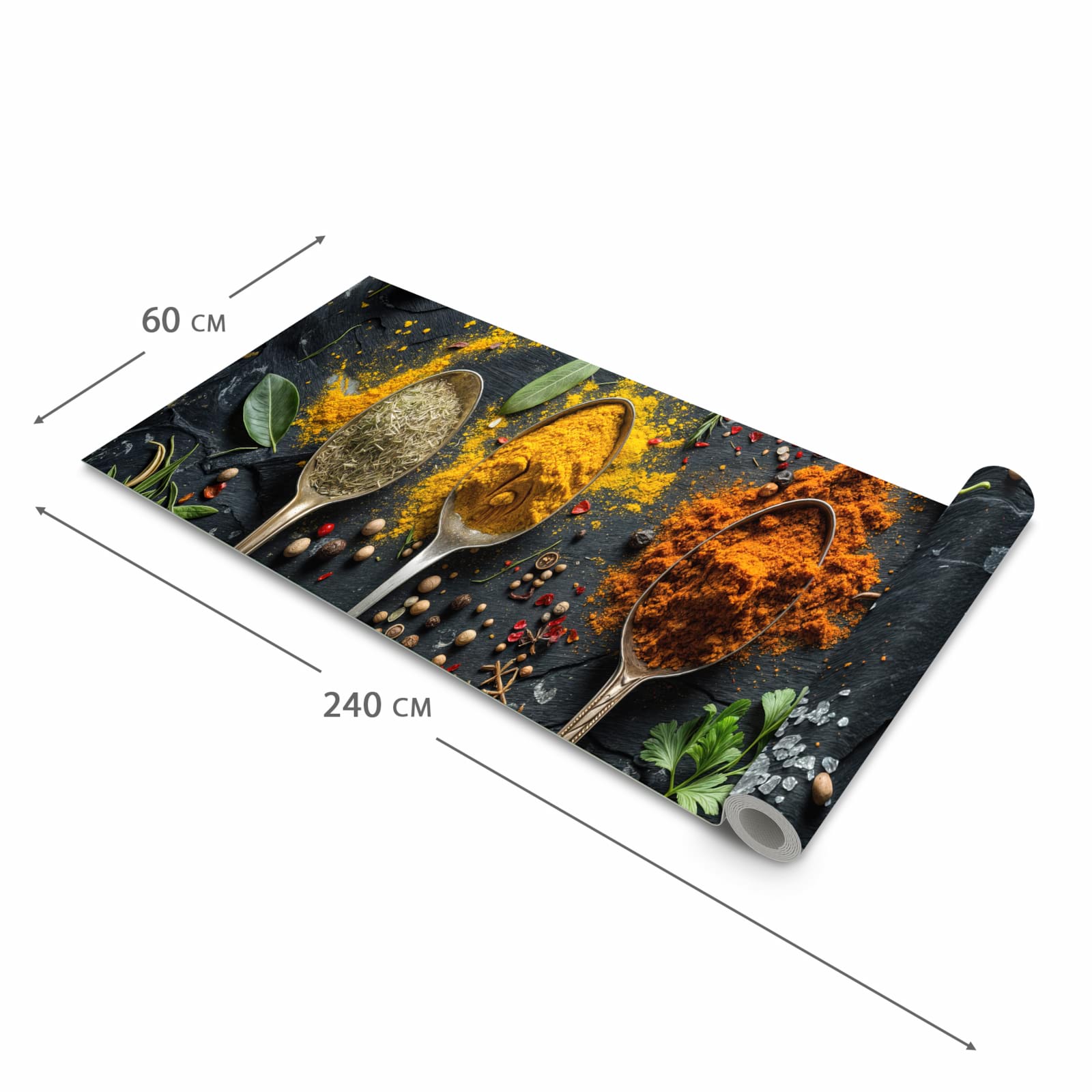 Flacher großer Küchenteppich mit Motiv Gewürze Löffel Mix in der Größe 60x120 cm