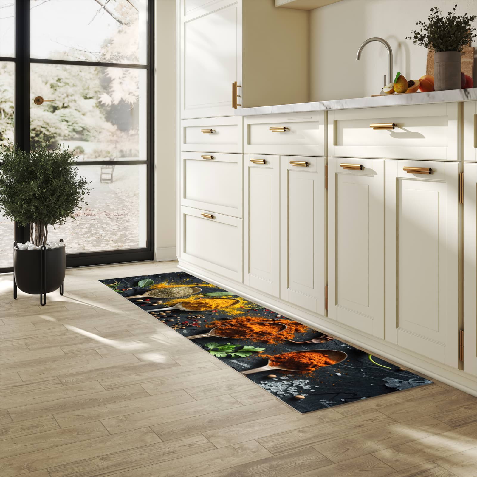 Waschbarer Küchenteppich mit Motiv Gewürze Löffel Mix in heller Küche