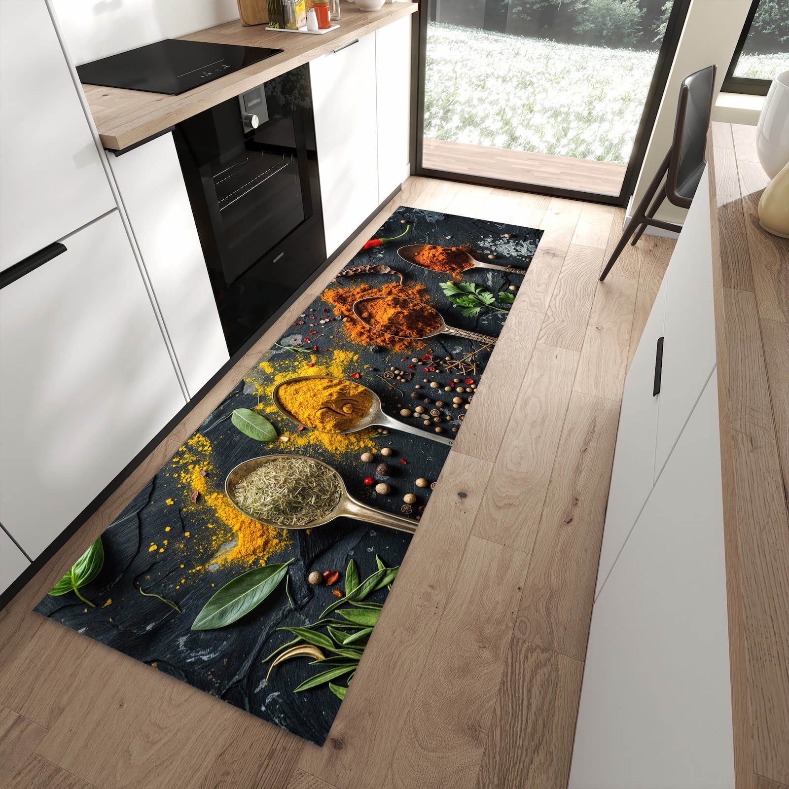 Rutschfester dünner Teppich mit Motiv Gewürze Löffel Mix spart Zeit in moderner Küche