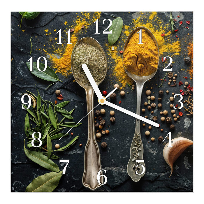 Wanduhr Gewürze Löffel Mix aus Glas – Quadratisch 30 × 30 cm mit Ziffernblatt Klassisch