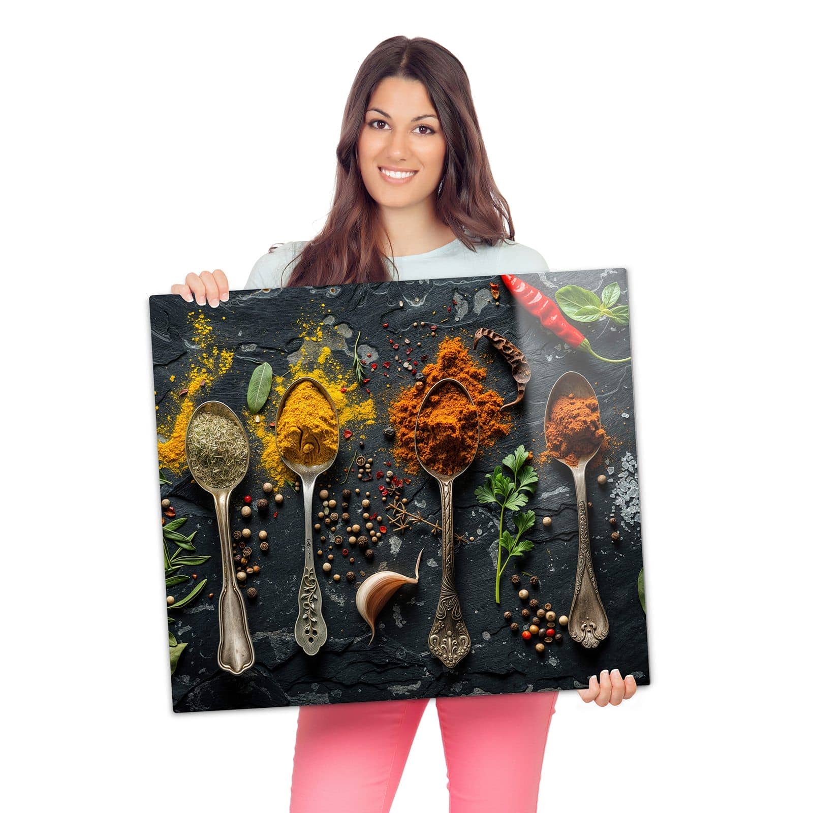 2-teilige Abdeckplatte für Induktionsherd mit Gewürze Löffel Mix-Motiv als Spritzschutz hinter dem Kochfeld