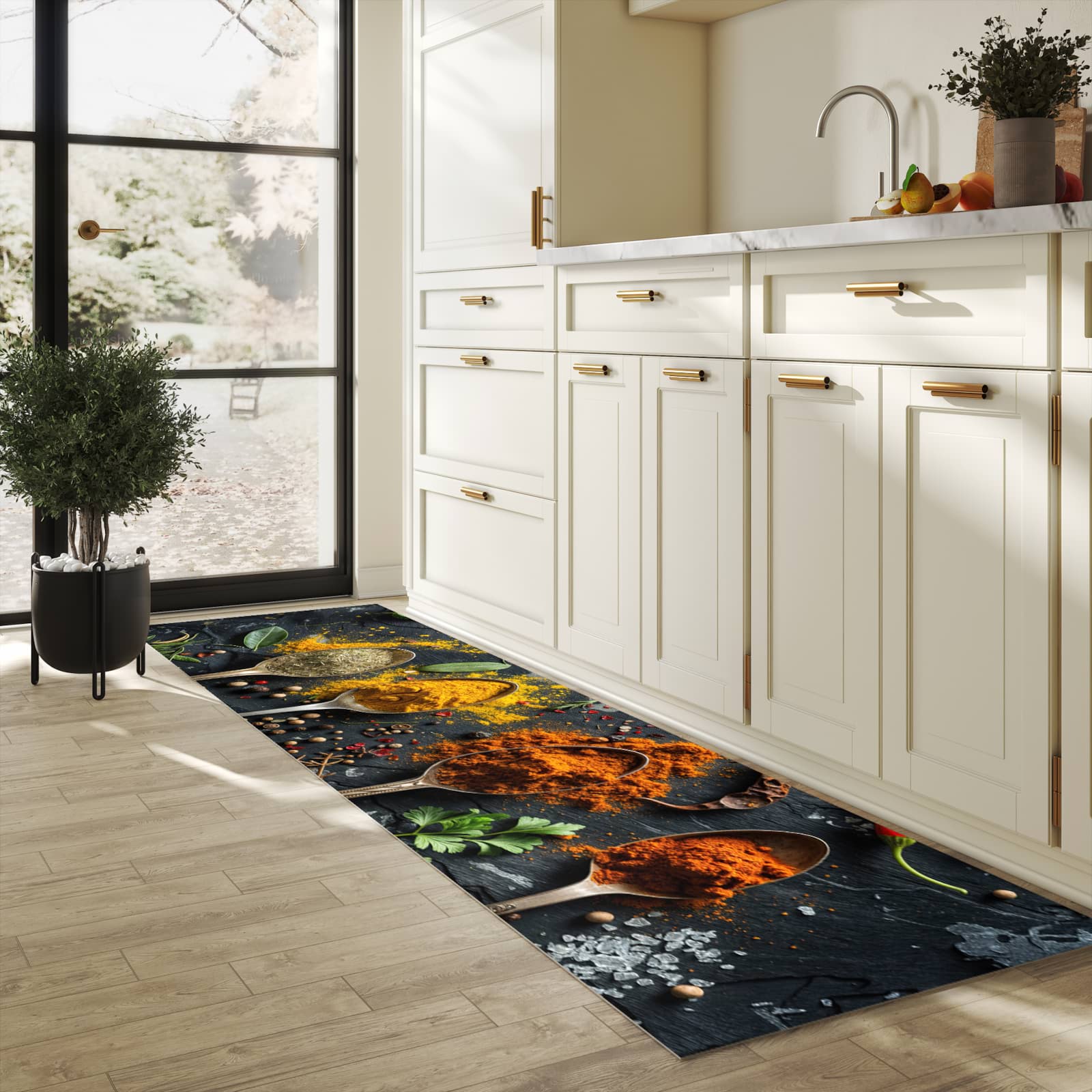 Farbbeständiger Läufer für die Küche mit Motiv Gewürze Löffel Mix in heller Küche