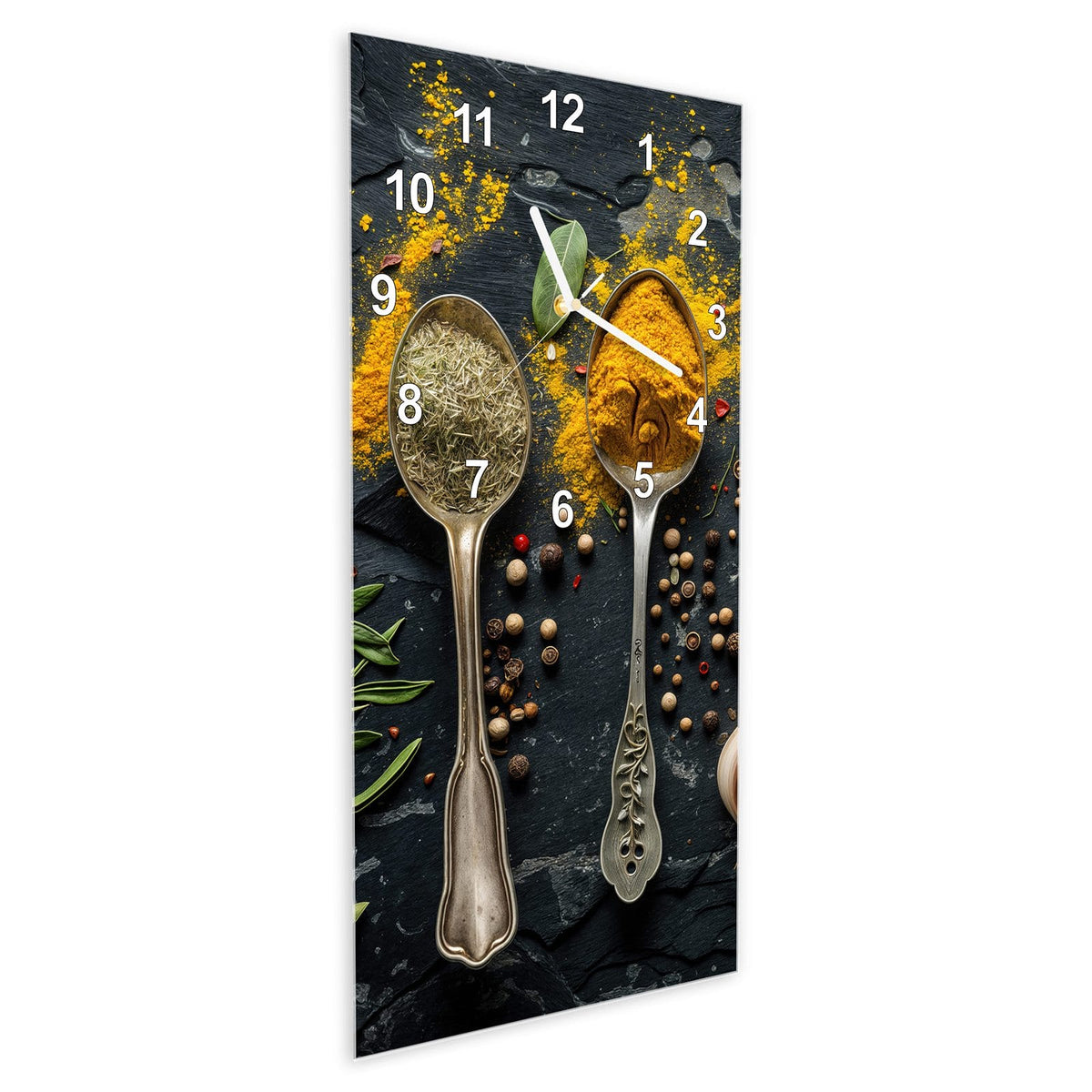 Wanduhr aus Glas im Hochformat Zwei Gewürzlöffel schräg von der Seite, 4 mm starkes Glas