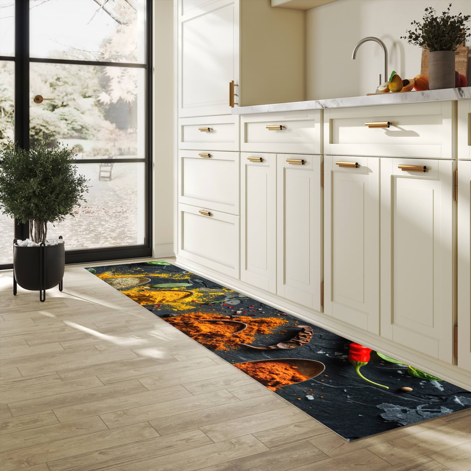 Rutschfester Küchenteppich mit Motiv Gewürze Löffel Mix in heller Küche