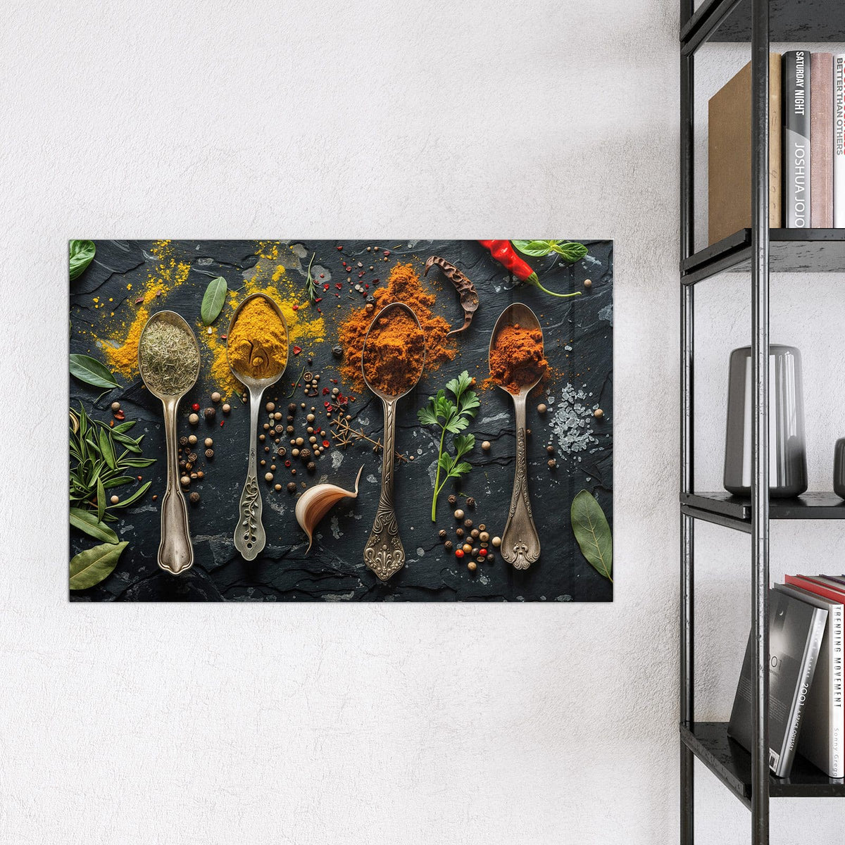 Magnettafel - Zwei Gewürzlöffel – Zwei antike Löffel mit Kurkuma und Kräutern