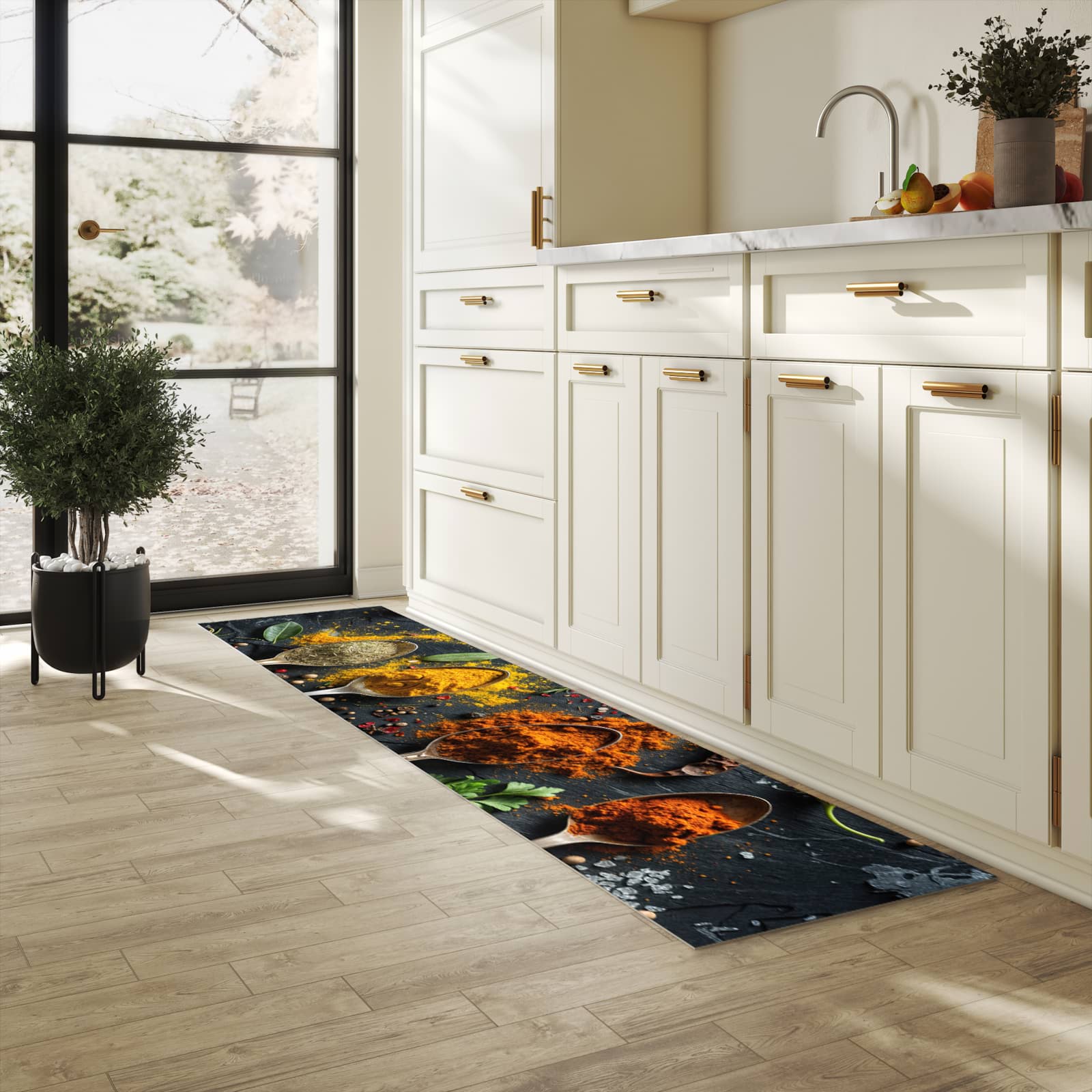 Langlebiger Küchenteppich mit Motiv Gewürze Löffel Mix in heller Küche