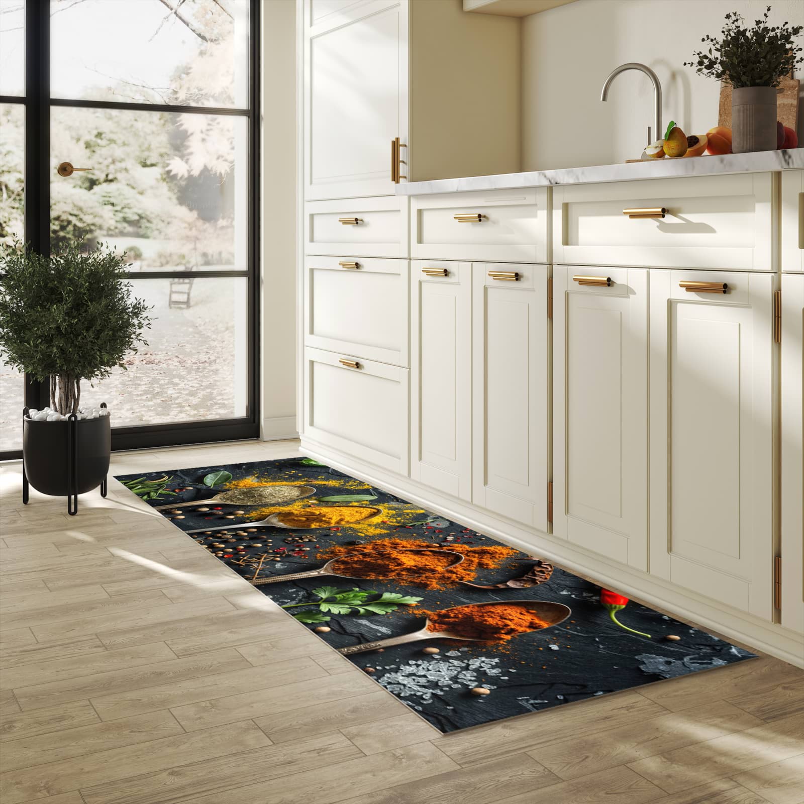 Küchenteppich mit Motiv Gewürze Löffel Mix für Ordnung & Übersicht in heller Küche