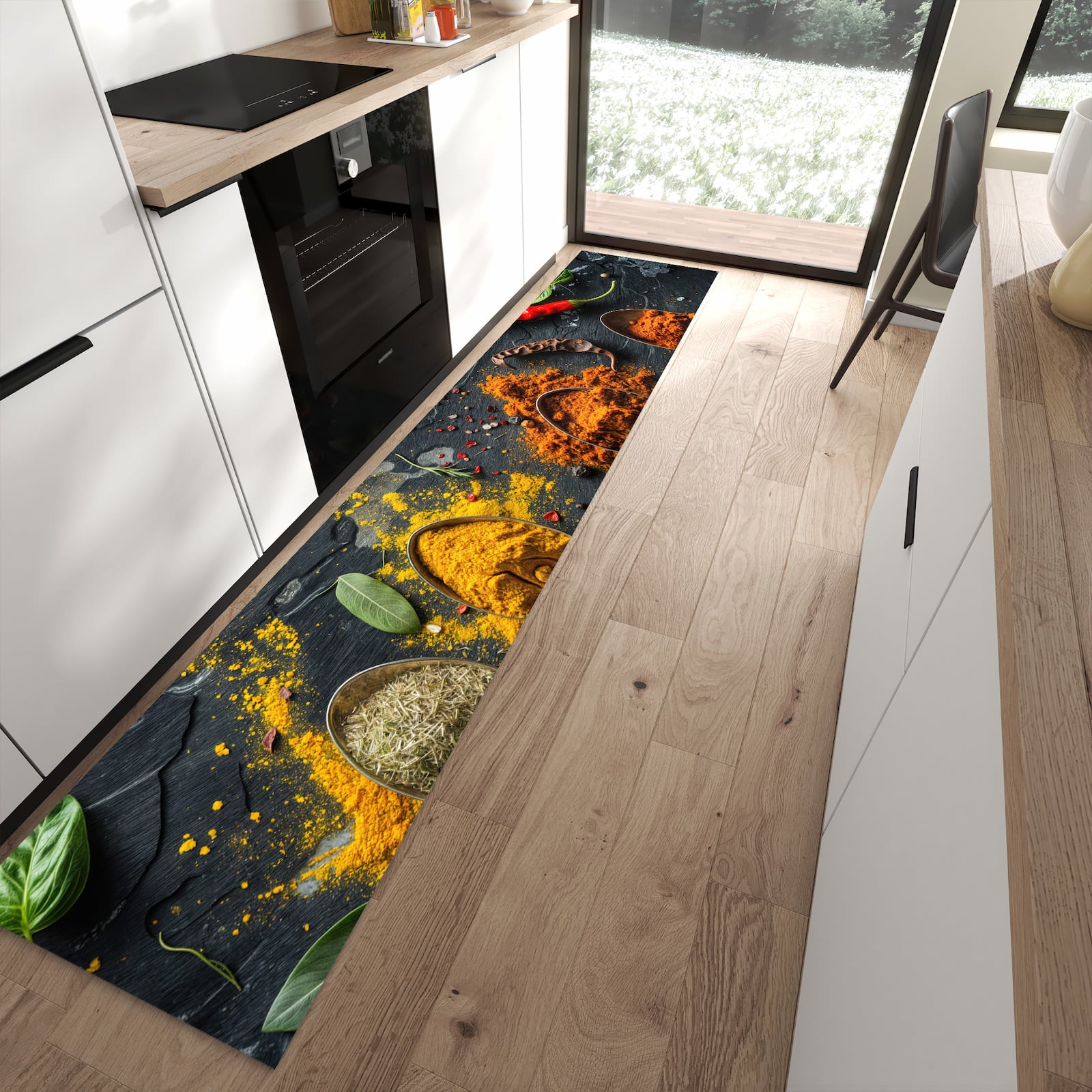 Farbbeständiger Läufer für den Eingangsbereich mit Motiv Gewürze Löffel Mix in moderner Küche