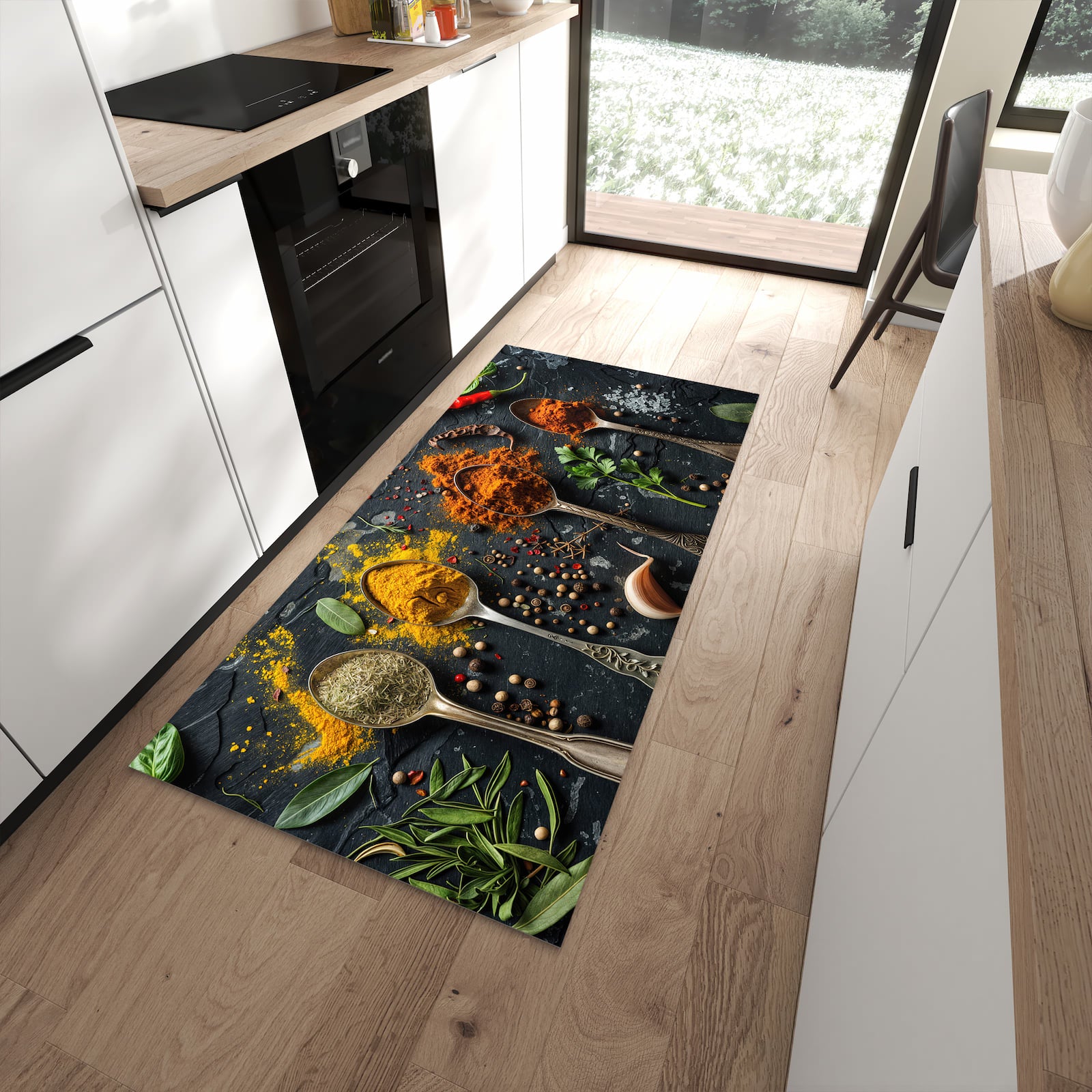 UV-beständiger waschbarer Teppich für Esstisch mit Motiv Gewürze Löffel Mix in moderner Küche