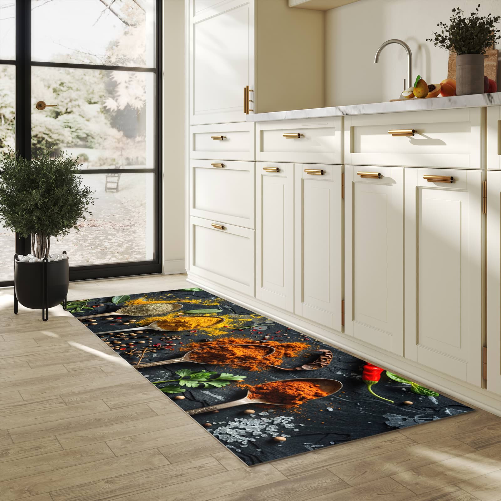 Küchenteppich mit Motiv Gewürze Löffel Mix in heller Küche für sicheres Aufbewahren