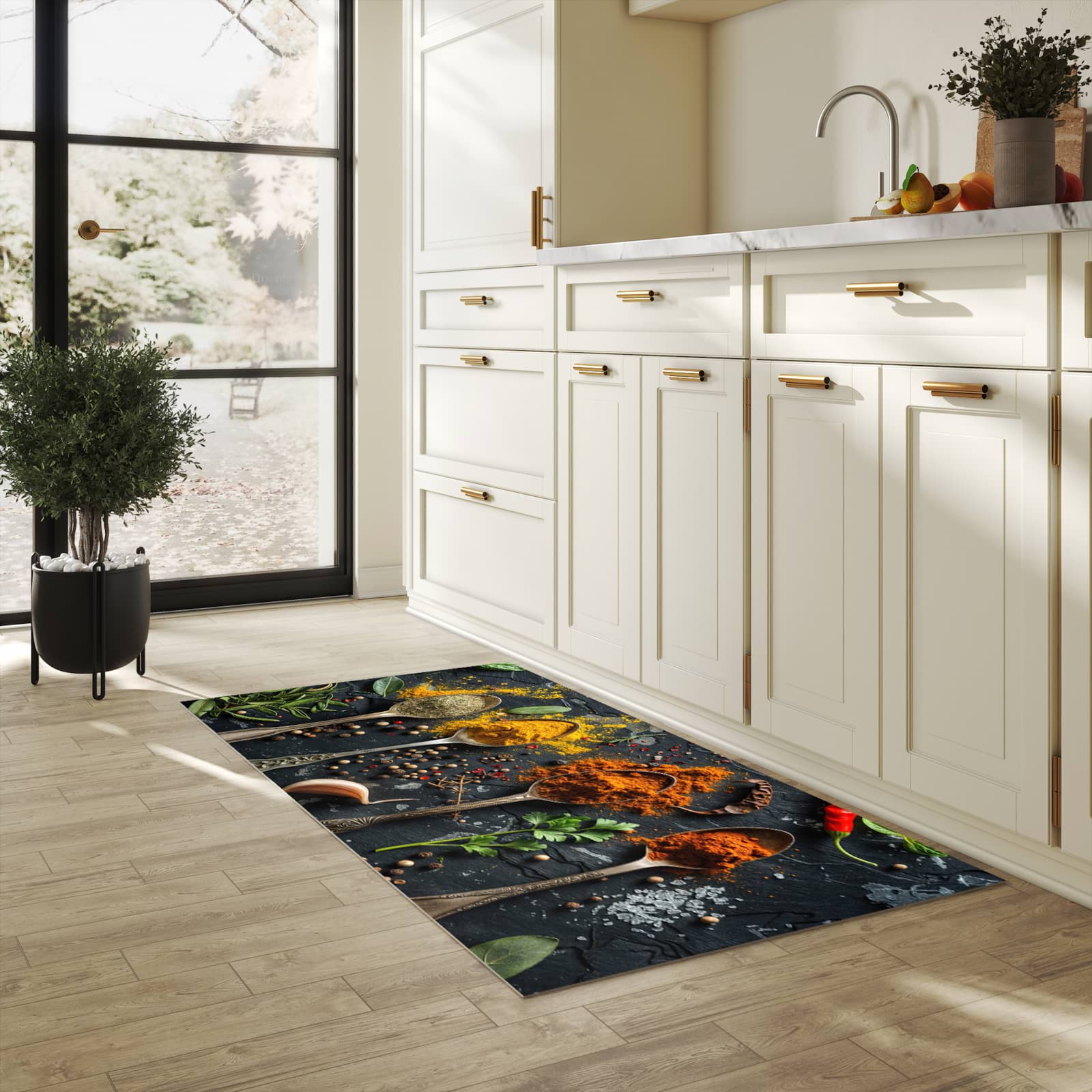 Formstabiler Küchenläufer mit Motiv Gewürze Löffel Mix in heller Küche