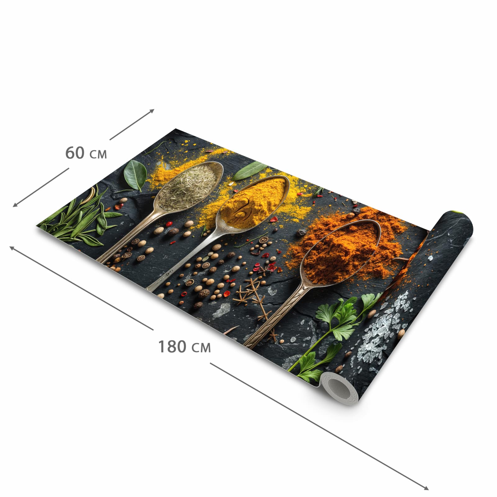 Langlebiger waschbarer Küchenteppich mit Motiv Gewürze Löffel Mix in der Größe 60x120 cm