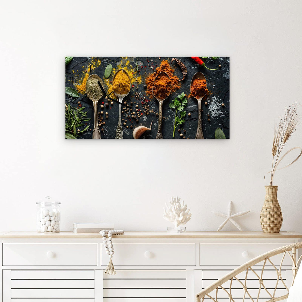 Wanduhr Gewürze Löffel Mix aus Glas – Querformat 60 × 30 cm – Antike Löffel voller bunter Gewürze