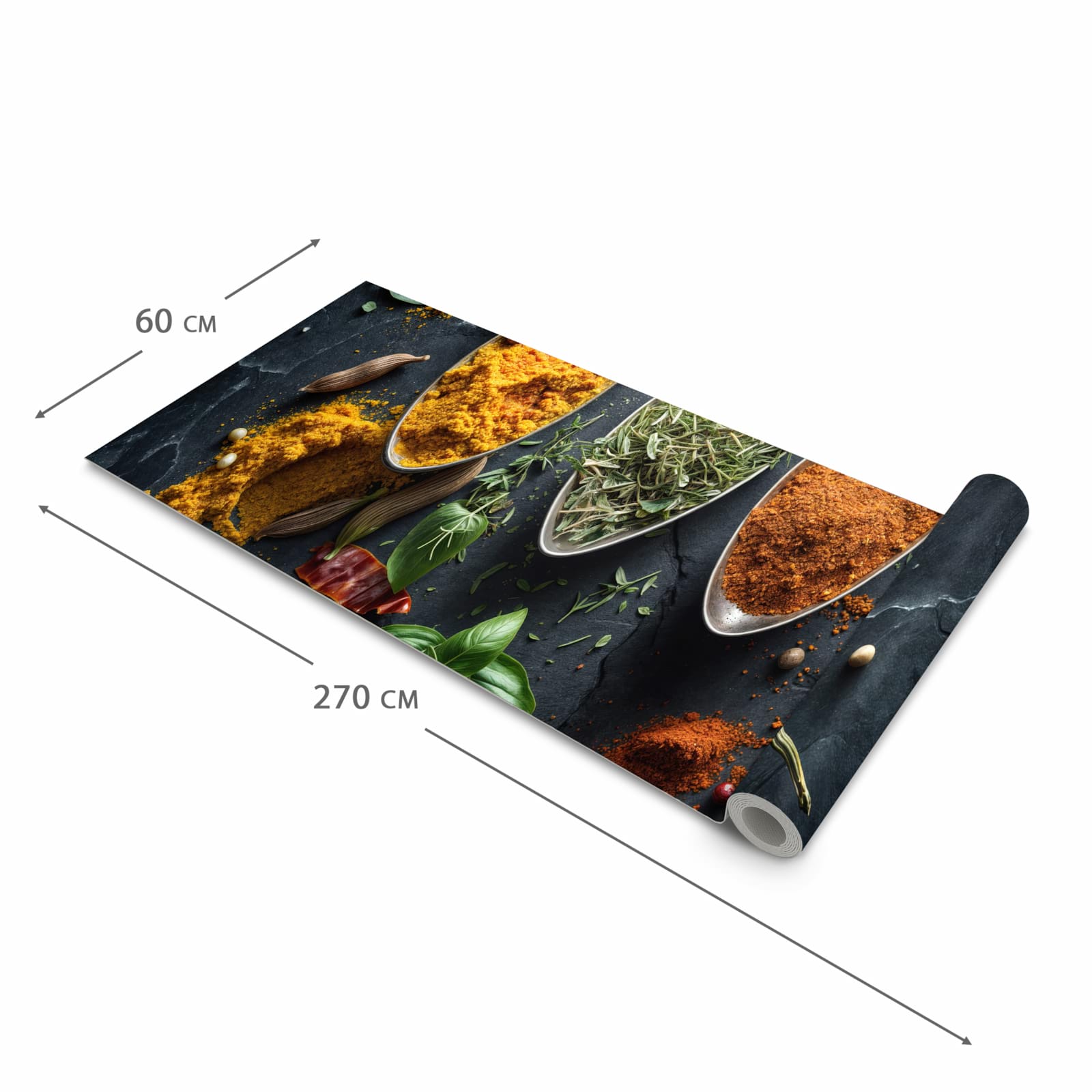 Bodenschonender großer Küchenteppich mit Motiv Kräuter Gewürze in der Größe 90x240 cm