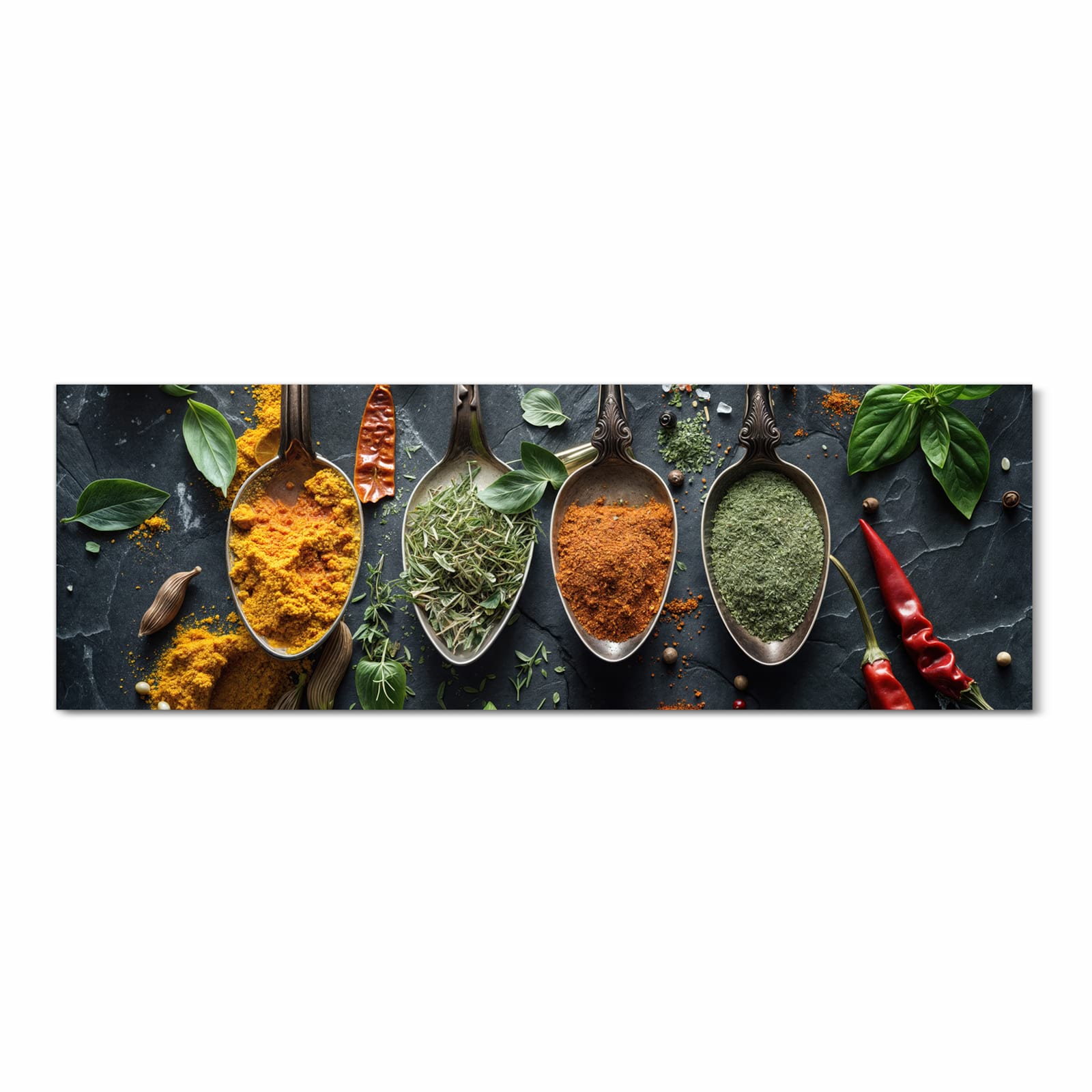 Formstabiler waschbarer Teppich fürs Esszimmer mit Motiv Kräuter Gewürze in Frontansicht