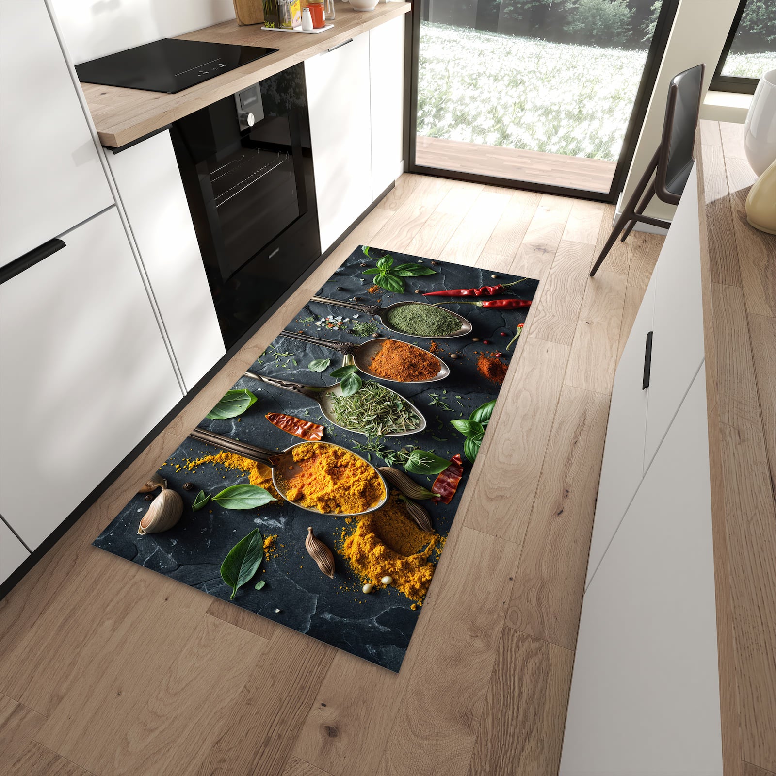 Waschbarer Küchenteppich mit Motiv Kräuter Gewürze in moderner Küche
