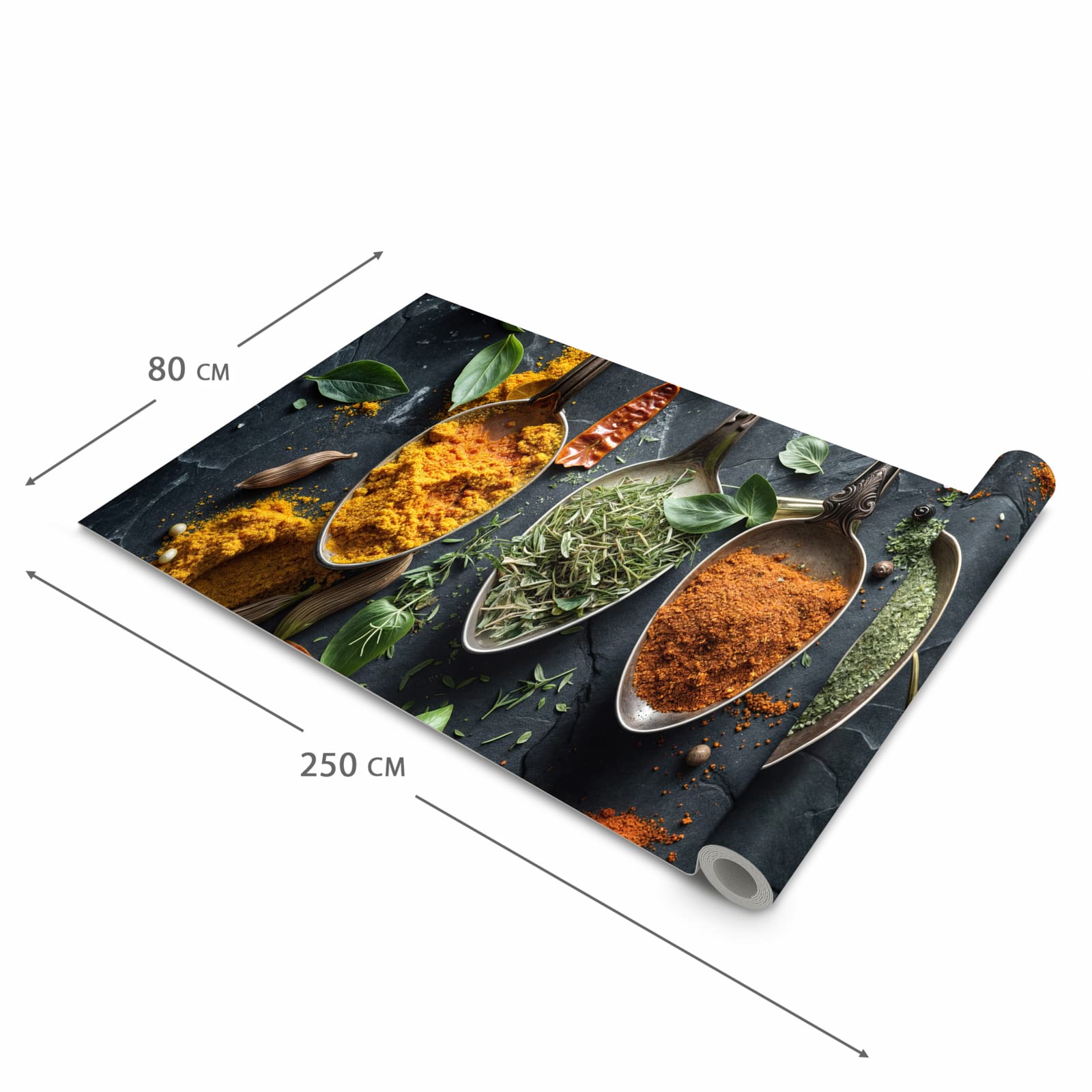 Zeitsparender Küchenläufer mit Motiv Kräuter Gewürze in der Grösse 90x240 cm