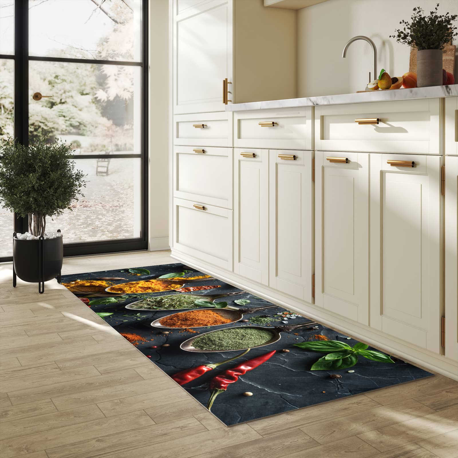 Pflegeleichter moderner Küchenläufer mit Motiv Kräuter Gewürze in heller Küche