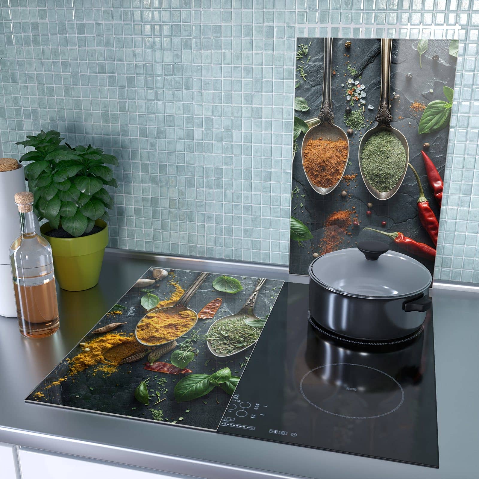 2-teilige Herdabdeckplatte für Ceranfeld mit Kräuter Gewürze-Motiv als Spritzschutz hinter dem Kochfeld