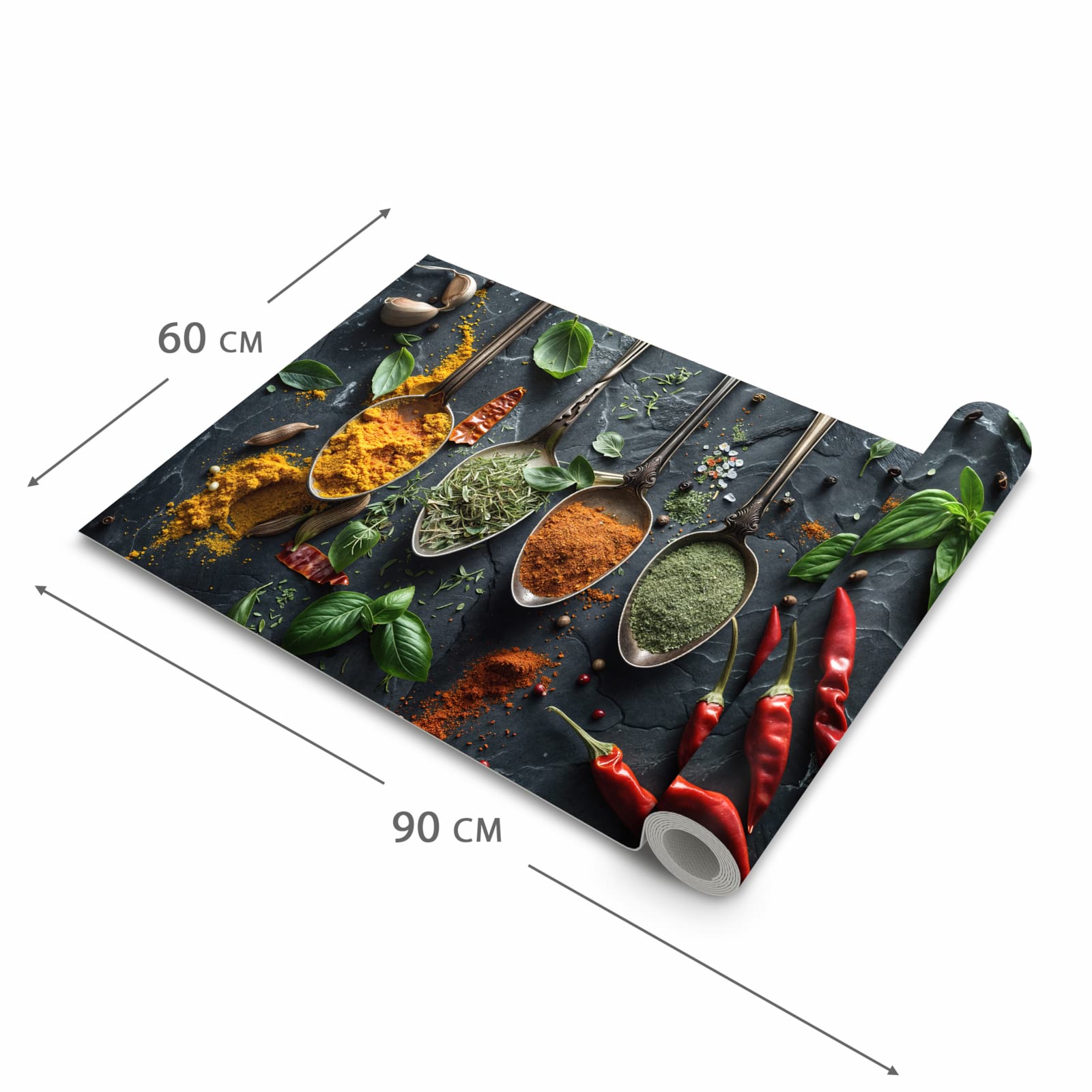 Formstabiler waschbarer Küchenteppich mit Motiv Kräuter Gewürze in der Grösse 90x240 cm