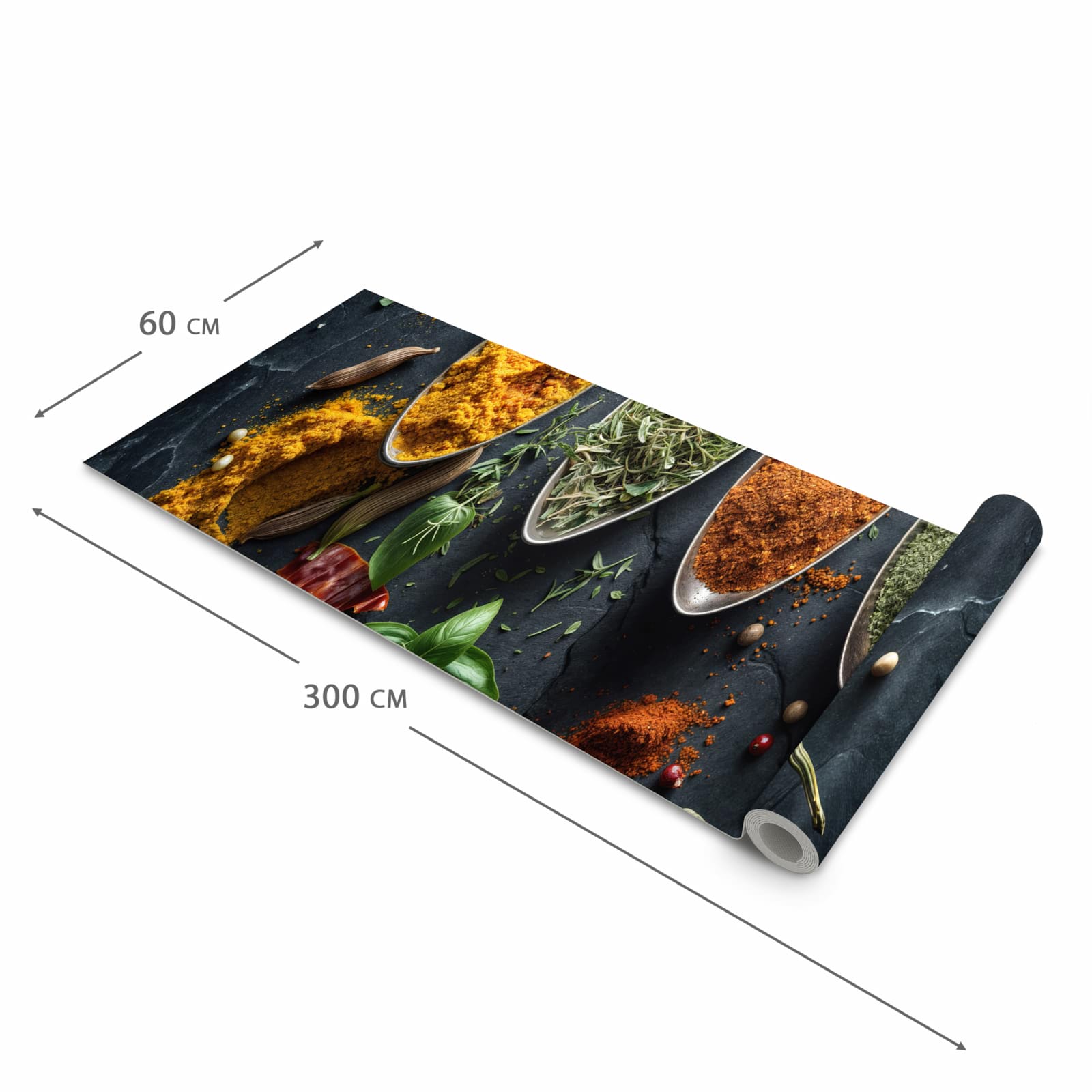 Farbbeständiger rutschfester Küchenteppich mit Motiv Kräuter Gewürze in der Grösse 90x240 cm