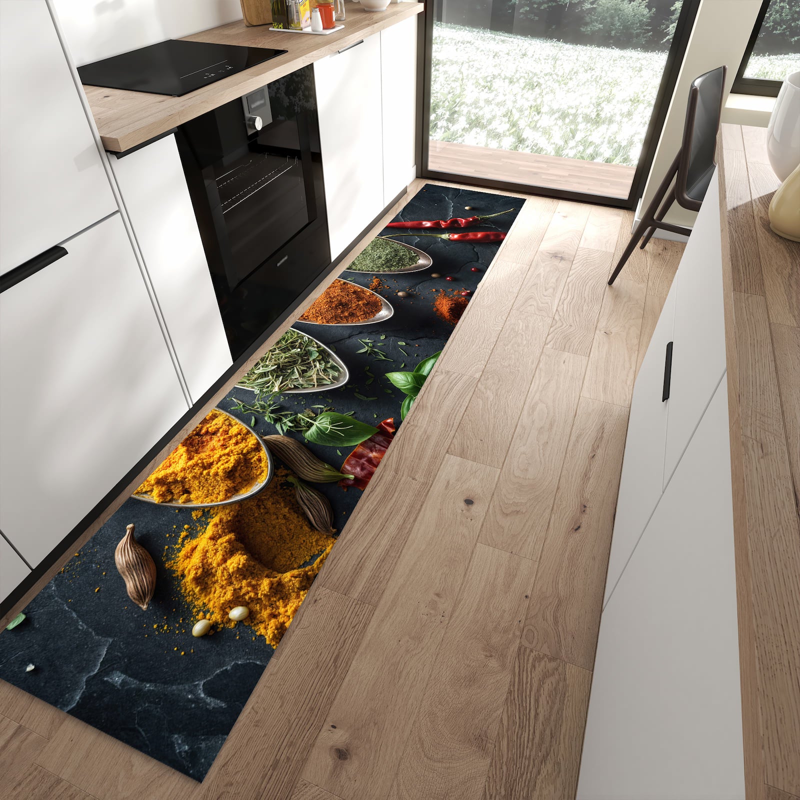 Komfortabler Küchenteppich mit Motiv Kräuter Gewürze in moderner Küche