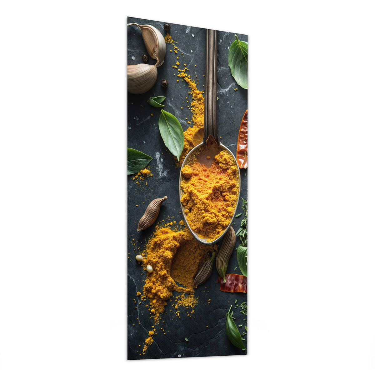 Glasbild Gewürze auf Schiefer von der Seite, 4 mm Echtglas