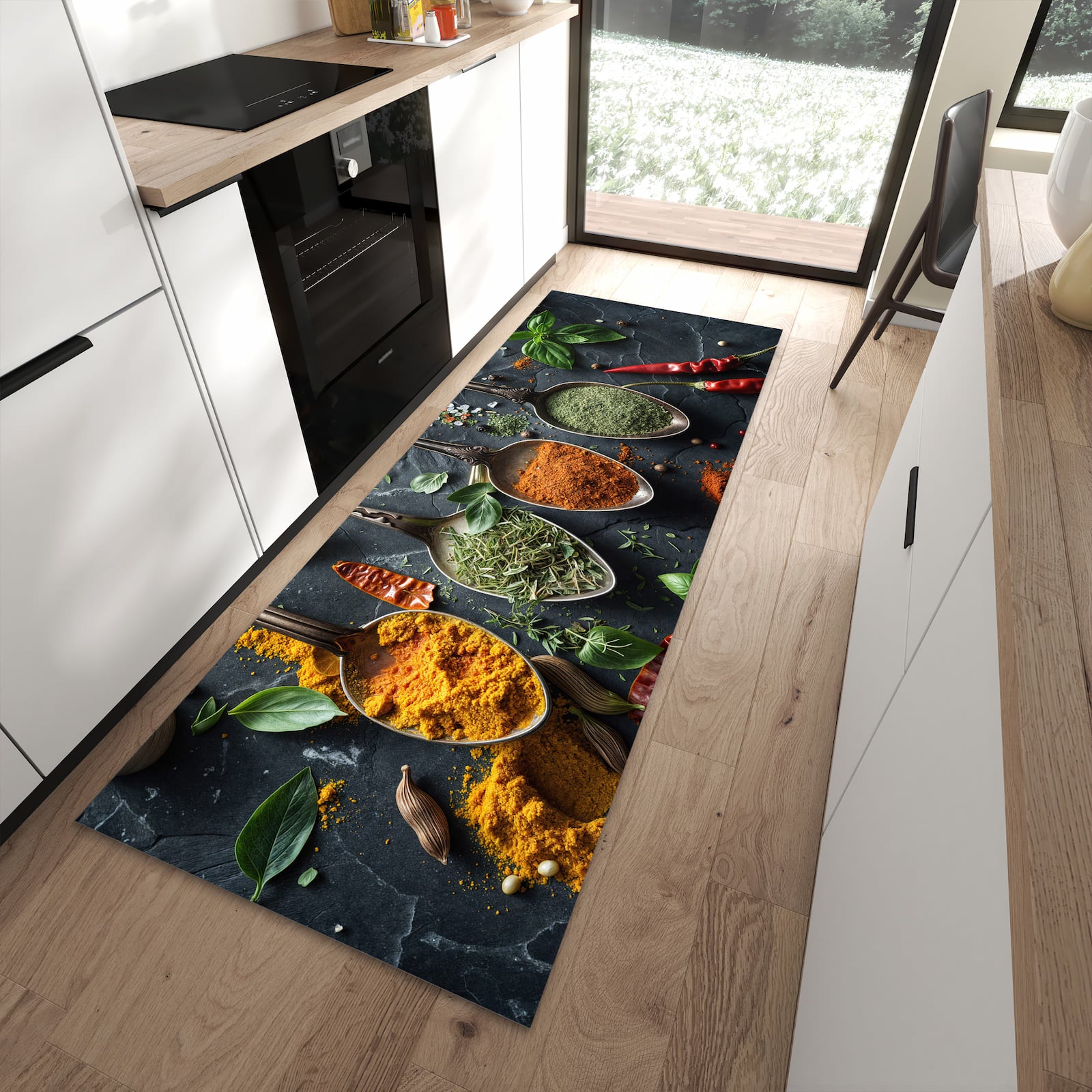 Langlebiger Küchenläufer mit Motiv Kräuter Gewürze in moderner Küche