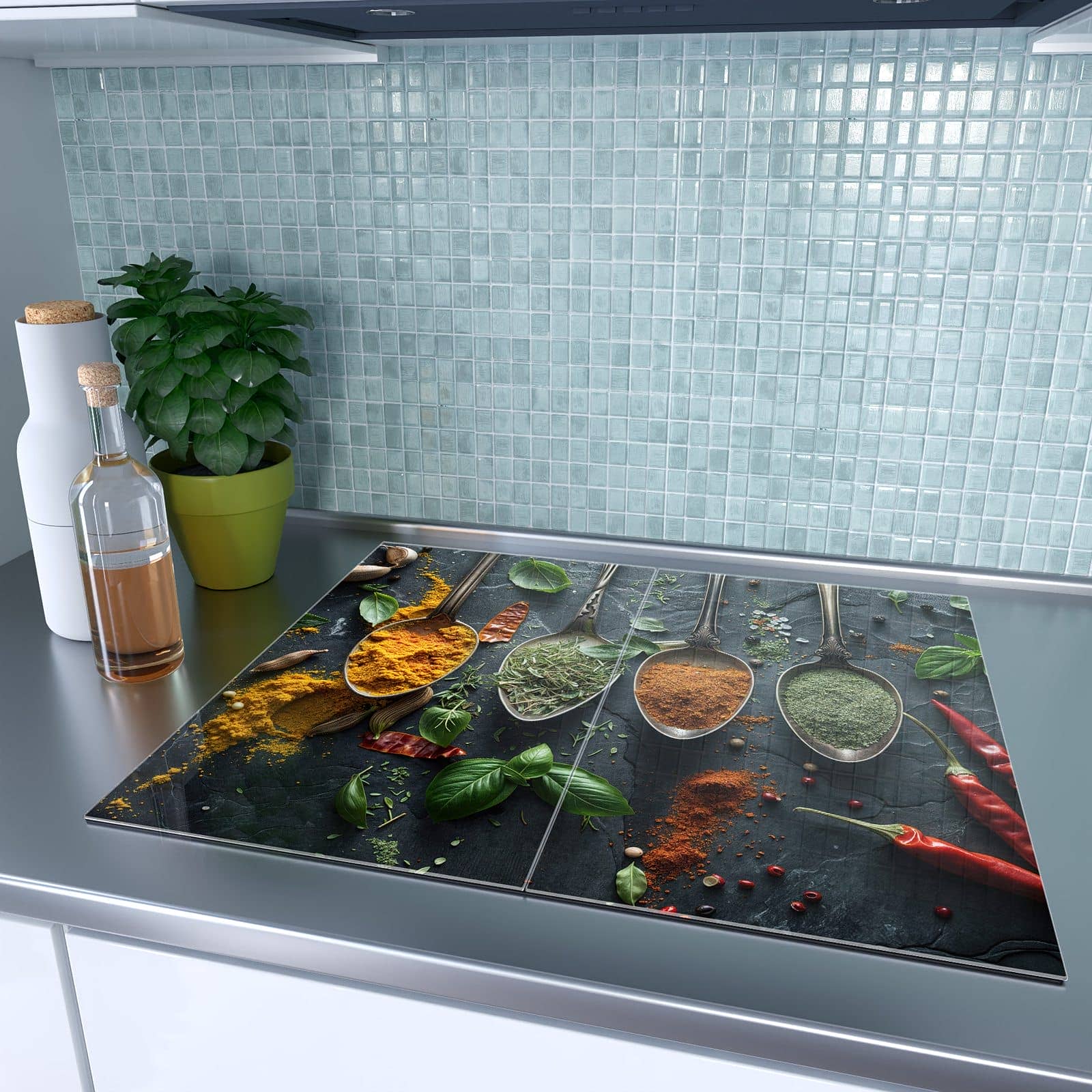 2-teilige Abdeckplatten für Herd mit Kräuter Gewürze-Motiv auf dem Ceranfeld
