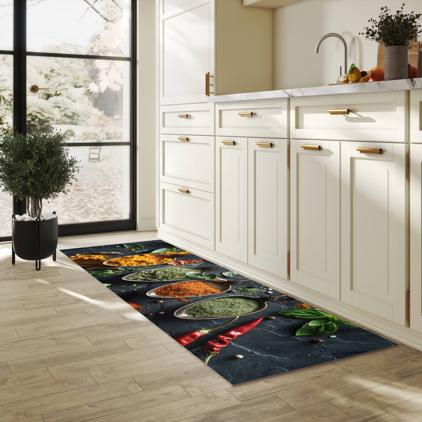 Flacher rutschfester Küchenläufer mit Motiv Kräuter Gewürze in heller Küche