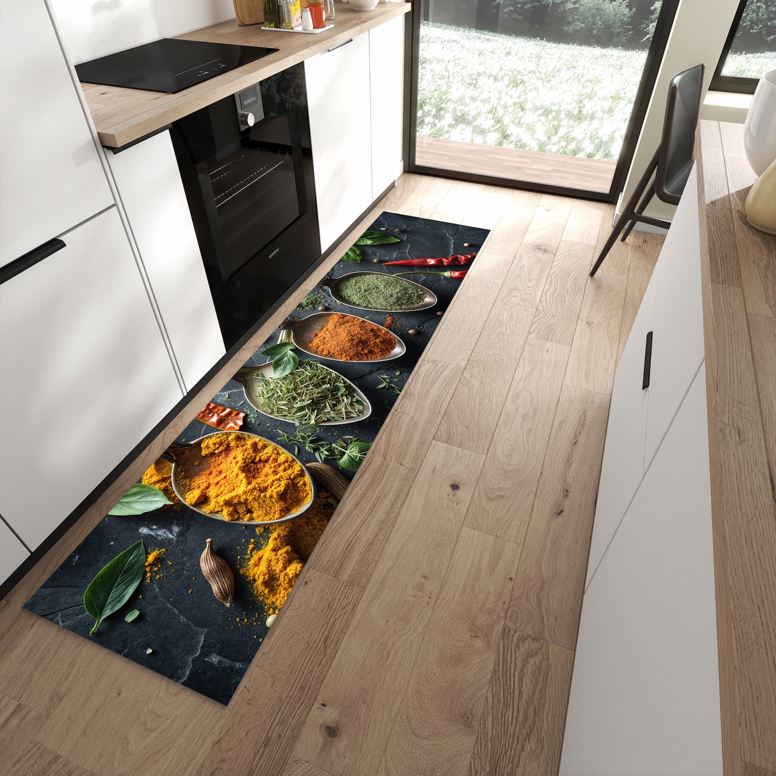 Flacher Küchenteppich mit Motiv Kräuter Gewürze in moderner Küche