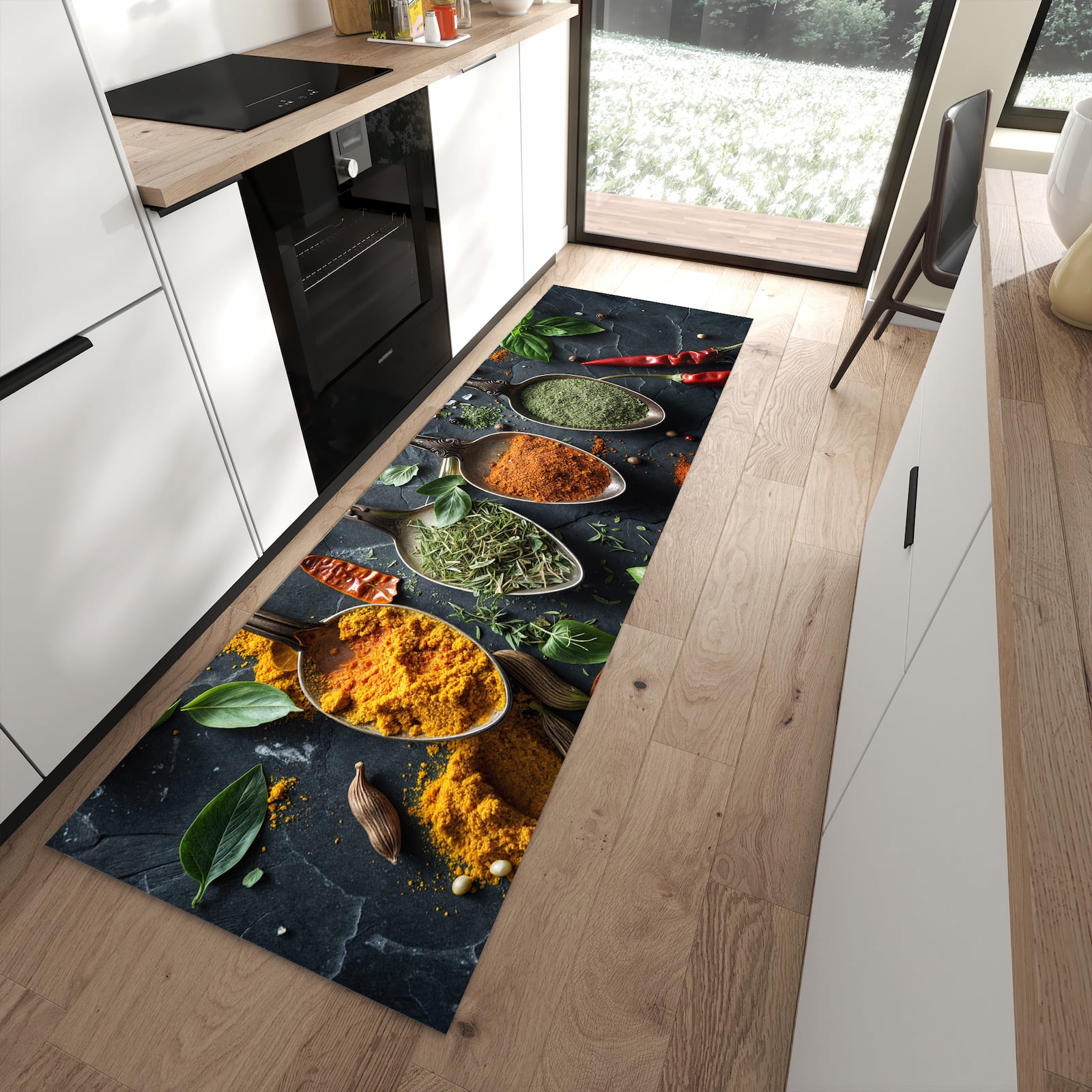 Küchenteppich mit Motiv Kräuter Gewürze für angenehme Haptik in moderner Küche