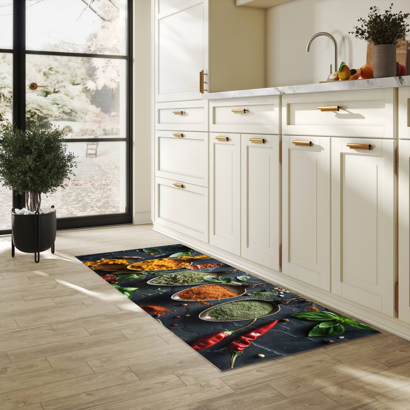 Langlebiger waschbarer Küchenläufer mit Motiv Kräuter Gewürze in heller Küche