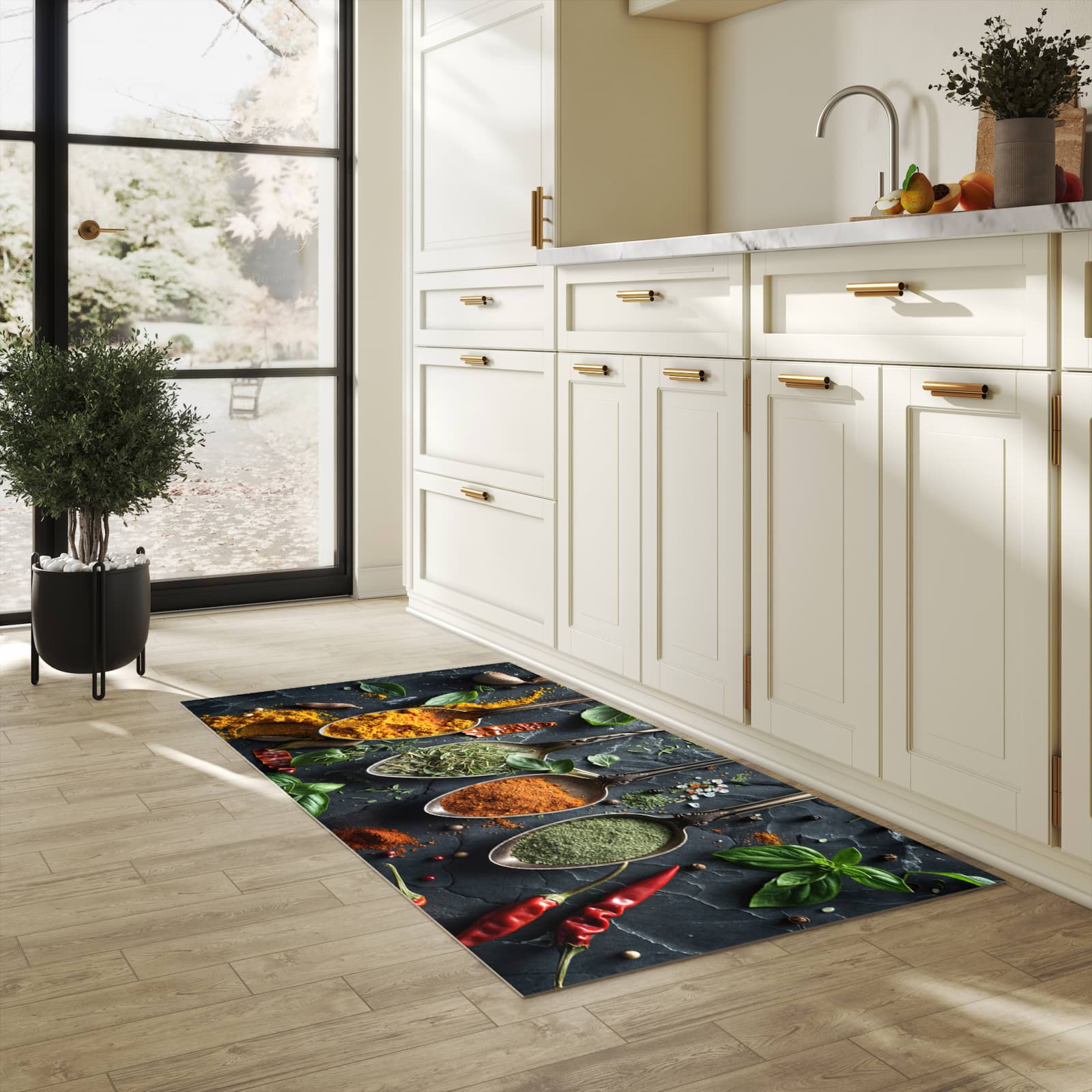 Rutschfester Küchenläufer mit Motiv Kräuter Gewürze in heller Küche zum Waschen