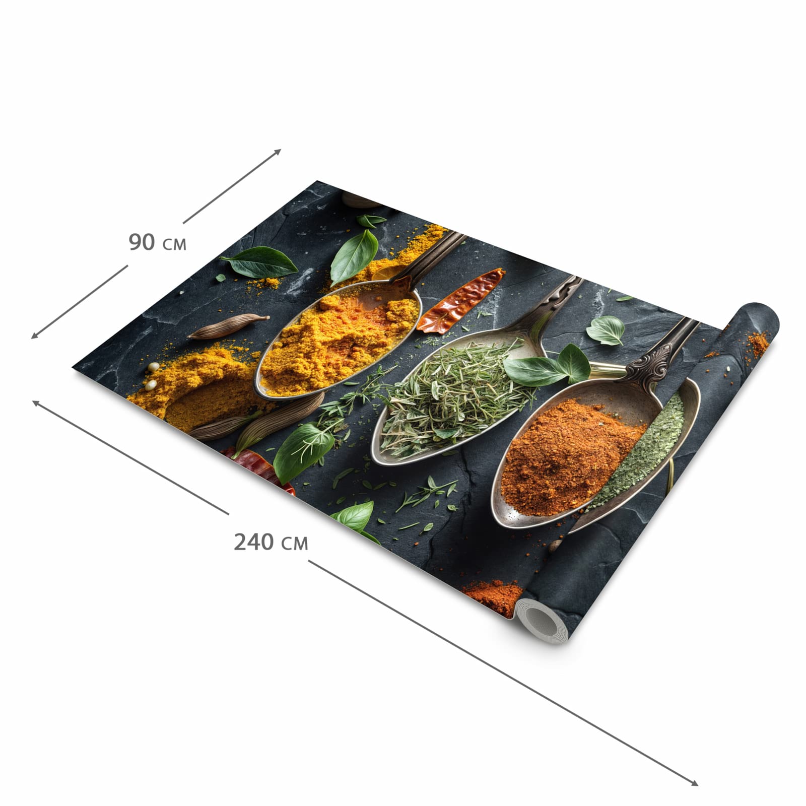 Rutschfester Küchenläufer mit Motiv Kräuter Gewürze in der Grösse 90x240 cm für Trittkomfort