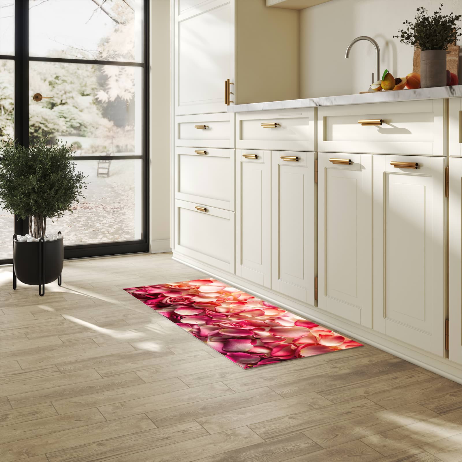 Waschbarer rutschfester Küchenteppich mit Motiv Rosenblätterbuntes Spiel in heller Küche