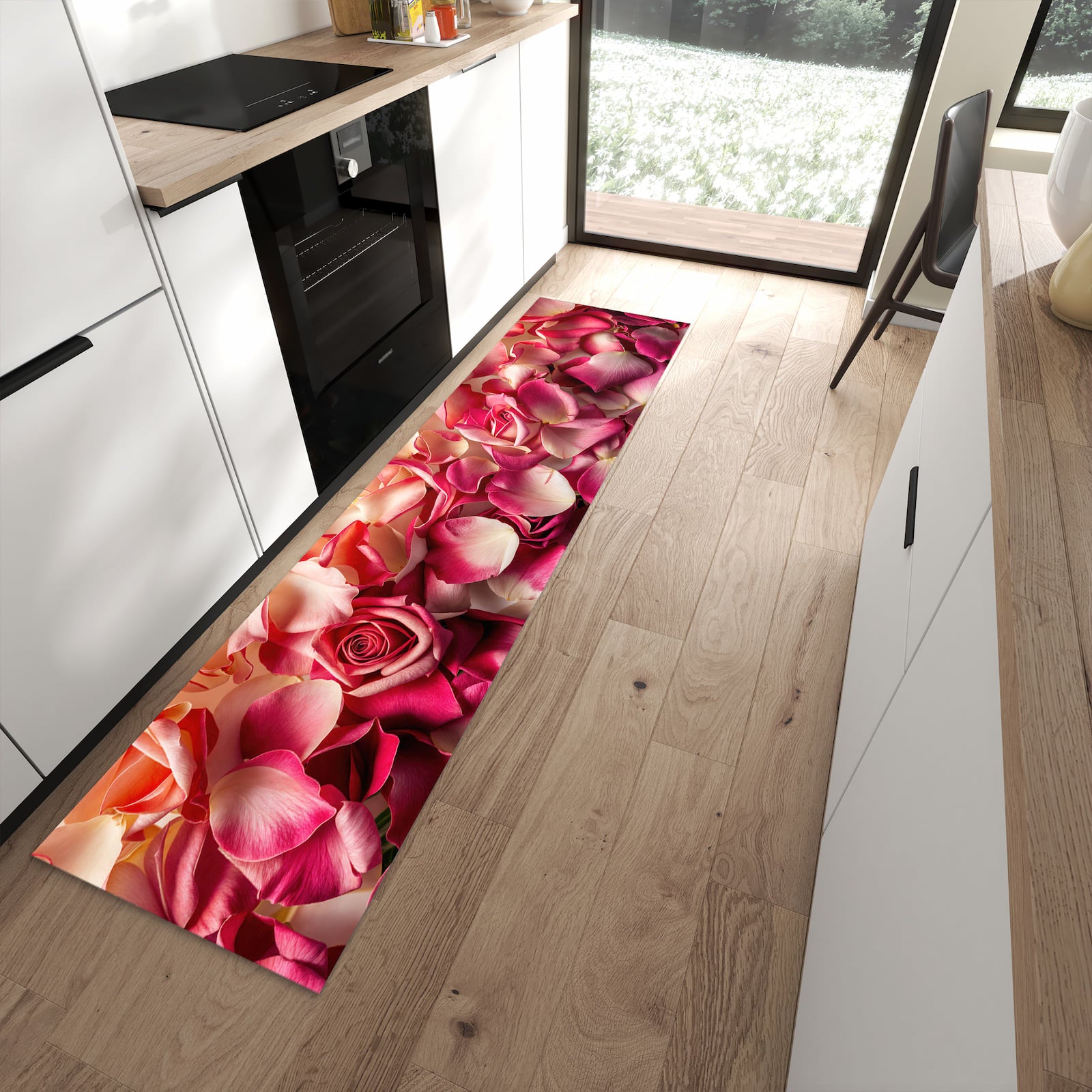 Farbbeständiger waschbarer Küchenläufer mit Motiv Rosenblätterbuntes Spiel in moderner Küche