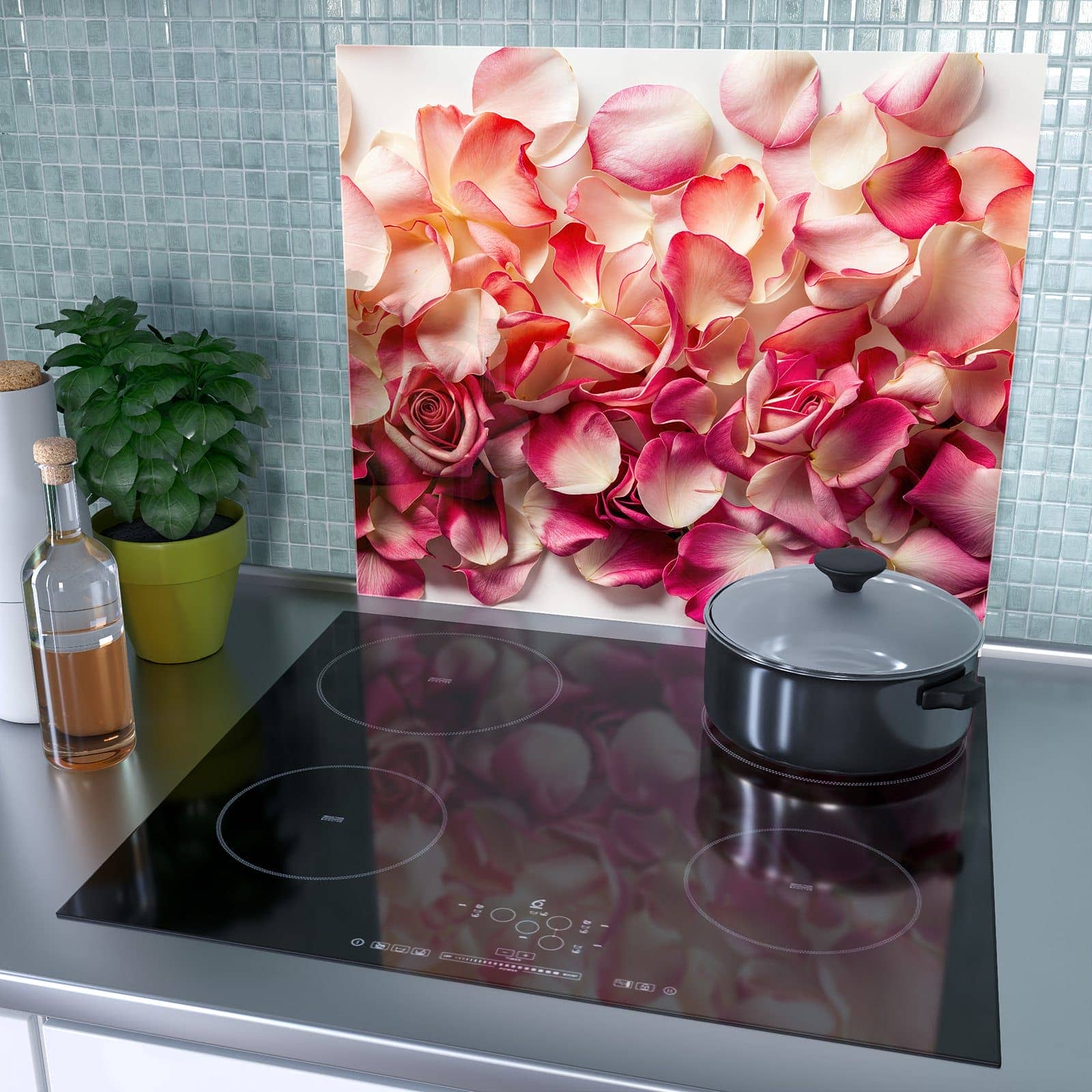 1-teilige Herdabdeckplatten aus Glas mit Rosenblätter Farbenspiel-Motiv als Spritzschutz hinter dem Kochfeld