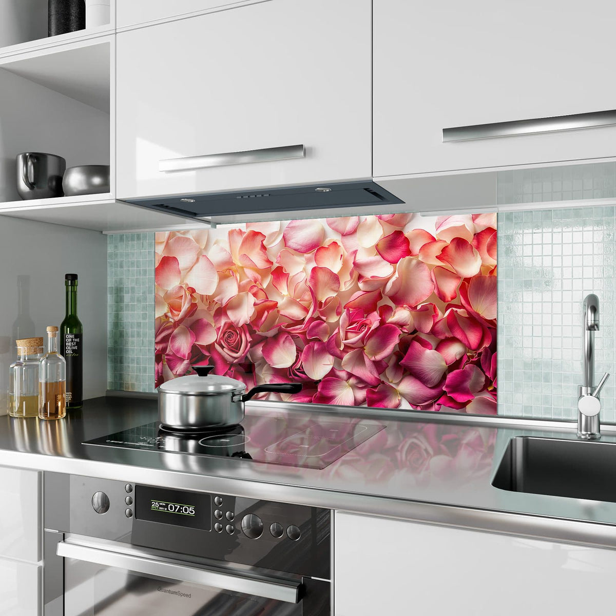 Küchenrückwand aus Glas Rosenblüten in Pink im Hochformat als Spritzschutz hinter dem Kochfeld, über dem Fliesenspiegel montiert
