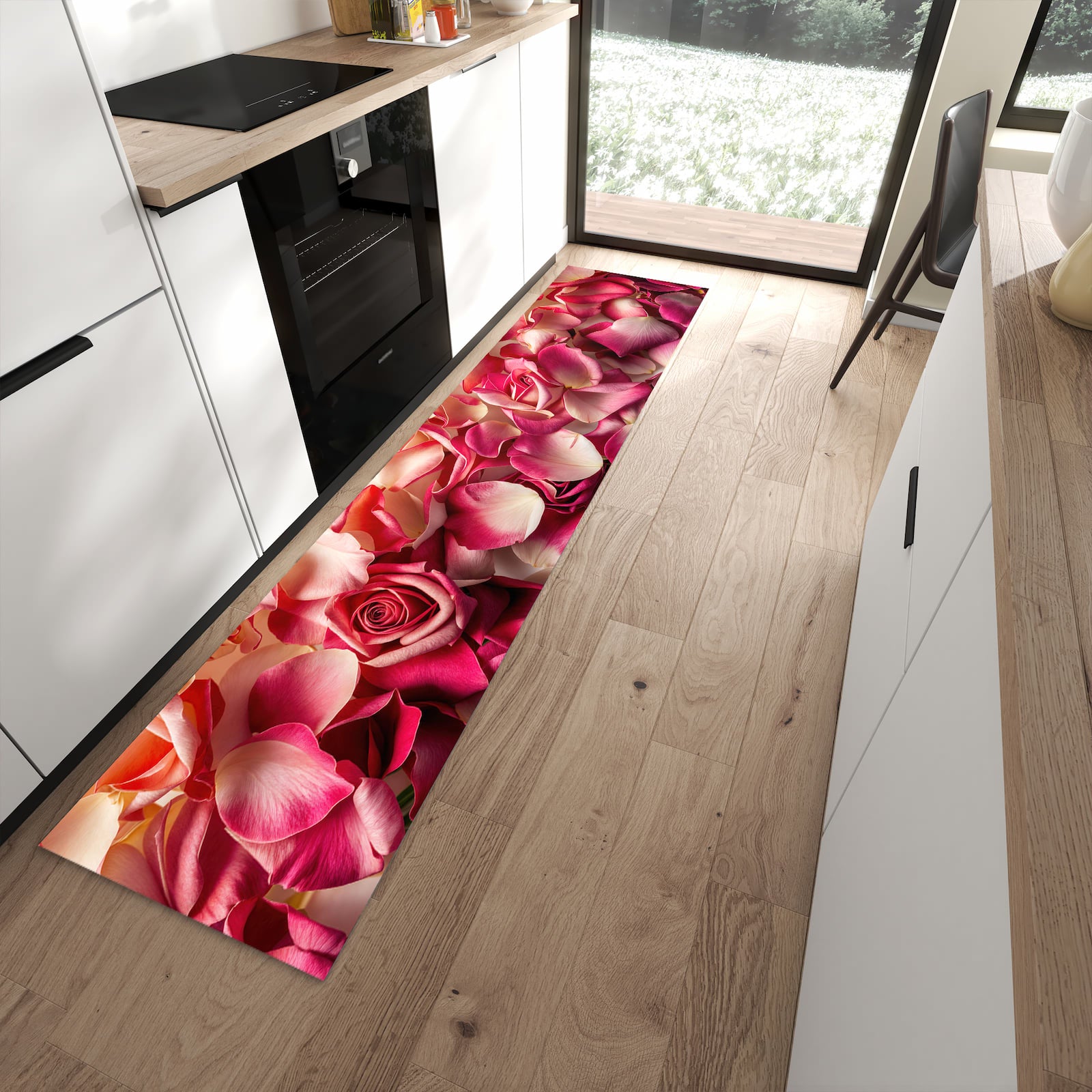 Formstabiler rutschfester Küchenläufer mit Motiv Rosenblätterbuntes Spiel in moderner Küche