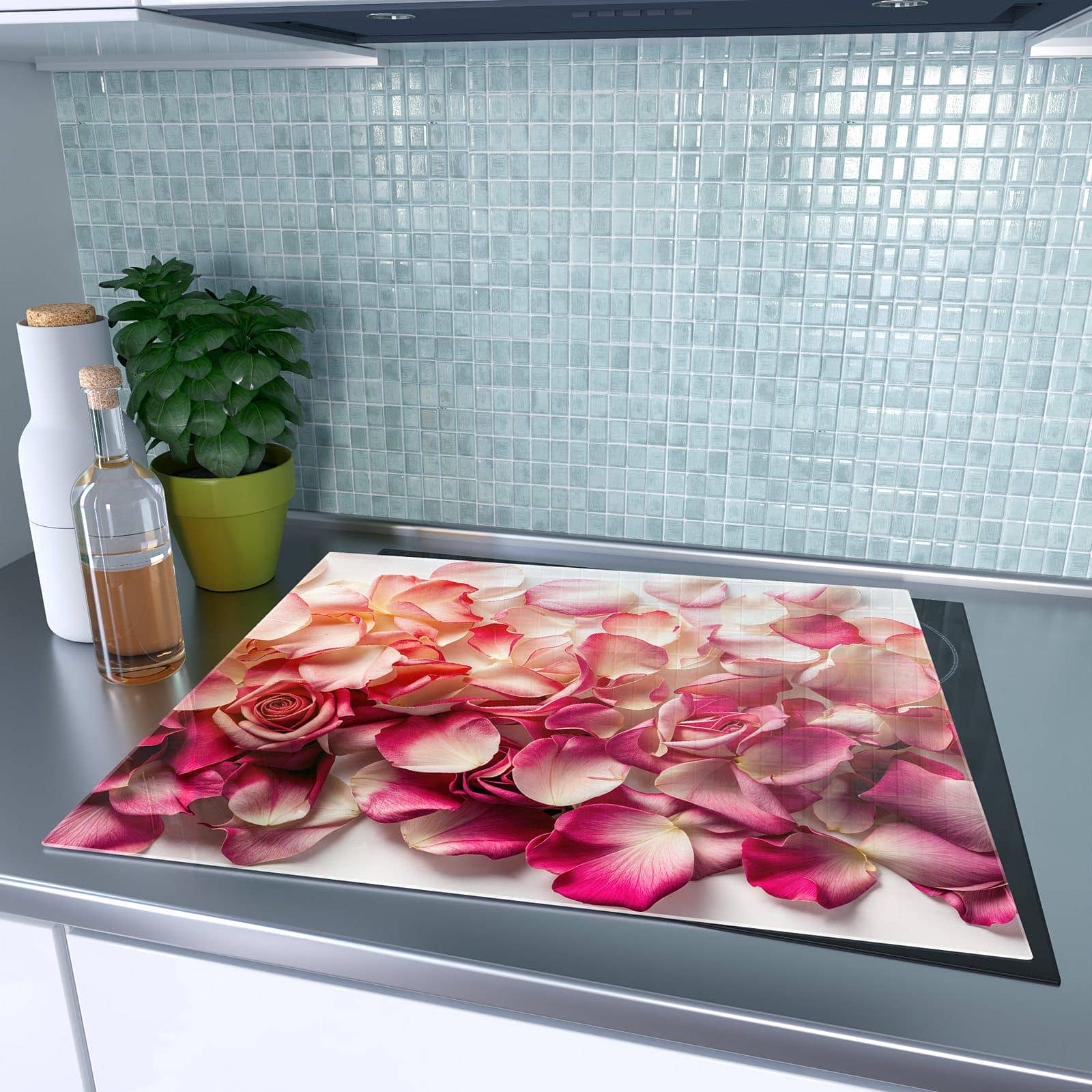 1-teilige Abdeckplatten für Ceranfeld mit Rosenblätter Farbenspiel-Motiv auf dem Ceranfeld