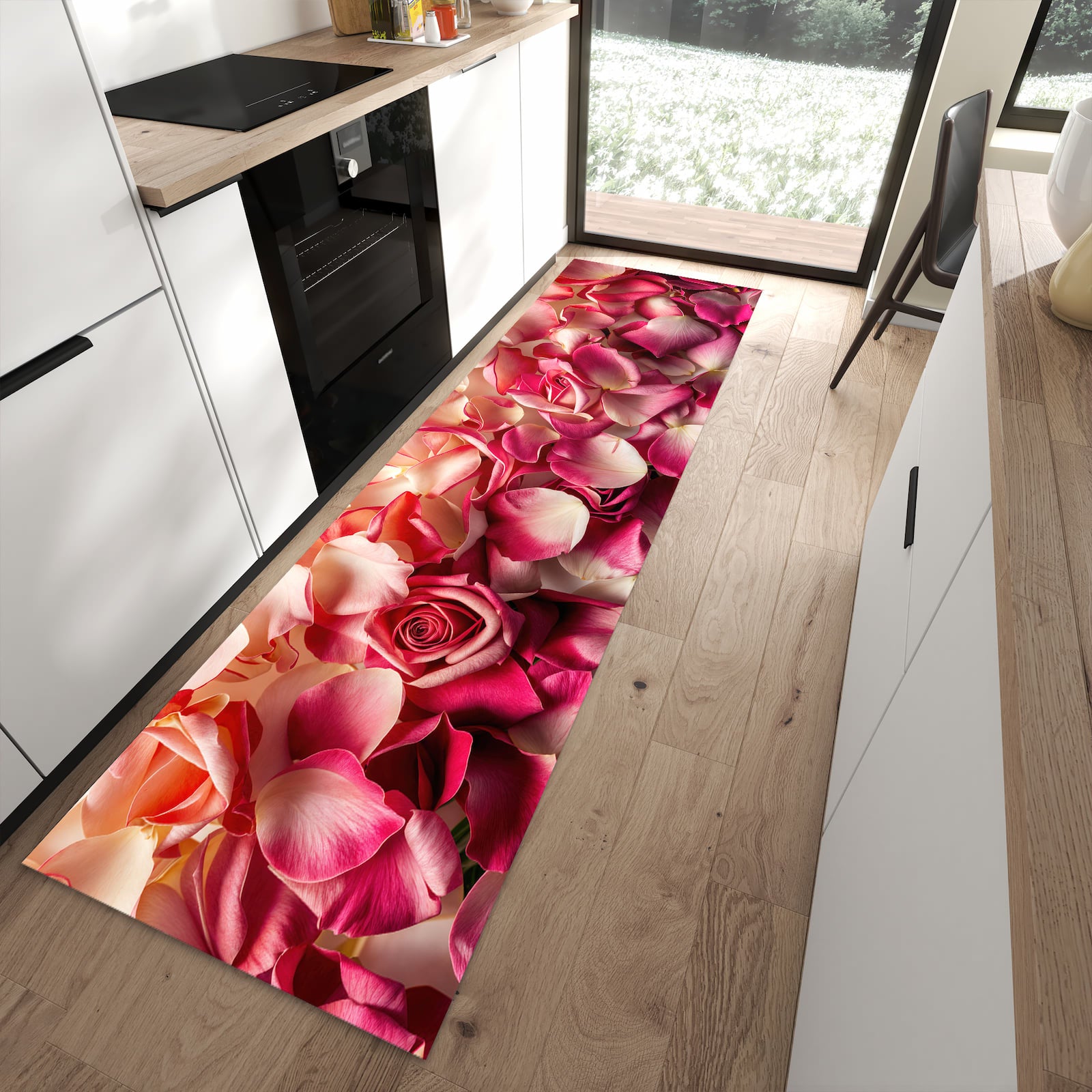 UV-beständiger abwaschbarer Küchenläufer mit Motiv Rosenblätterbuntes Spiel in moderner Küche