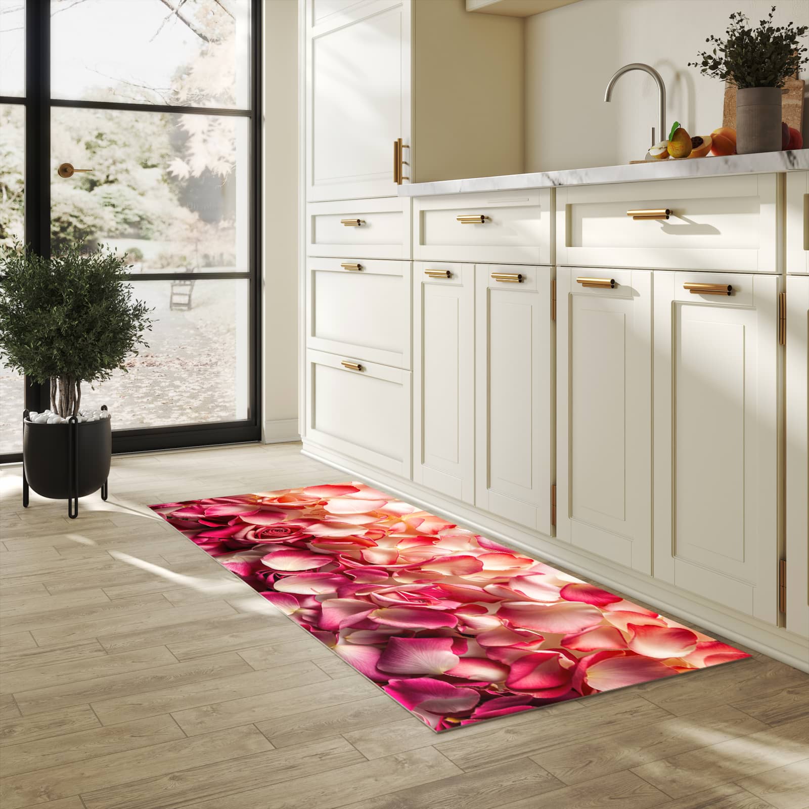 Bodenschonender rutschfester Küchenteppich mit Motiv Rosenblätterbuntes Spiel in heller Küche