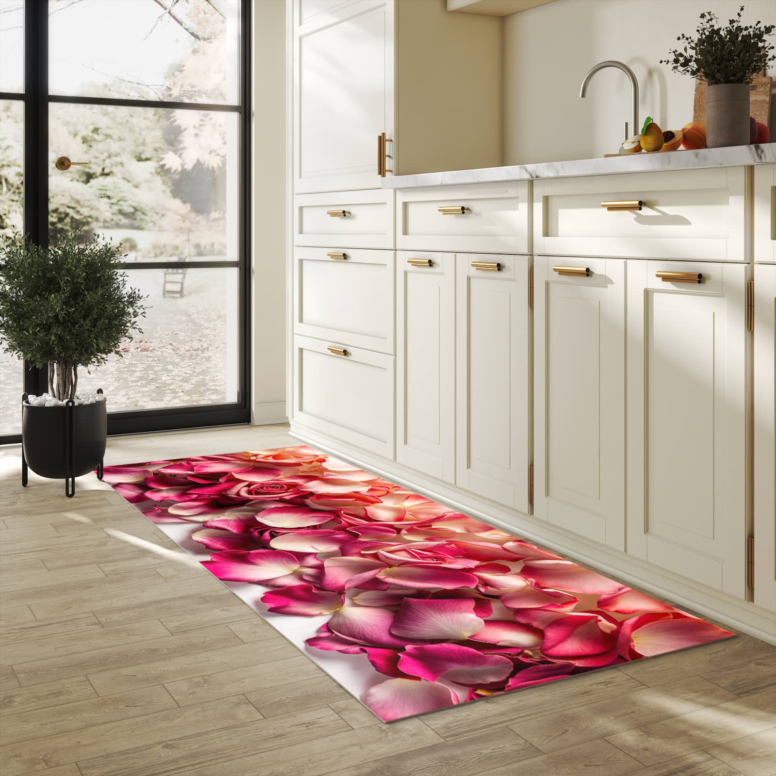 Geräuschdämpfender rutschfester Küchenteppich mit Motiv Rosenblätterbuntes Spiel in heller Küche