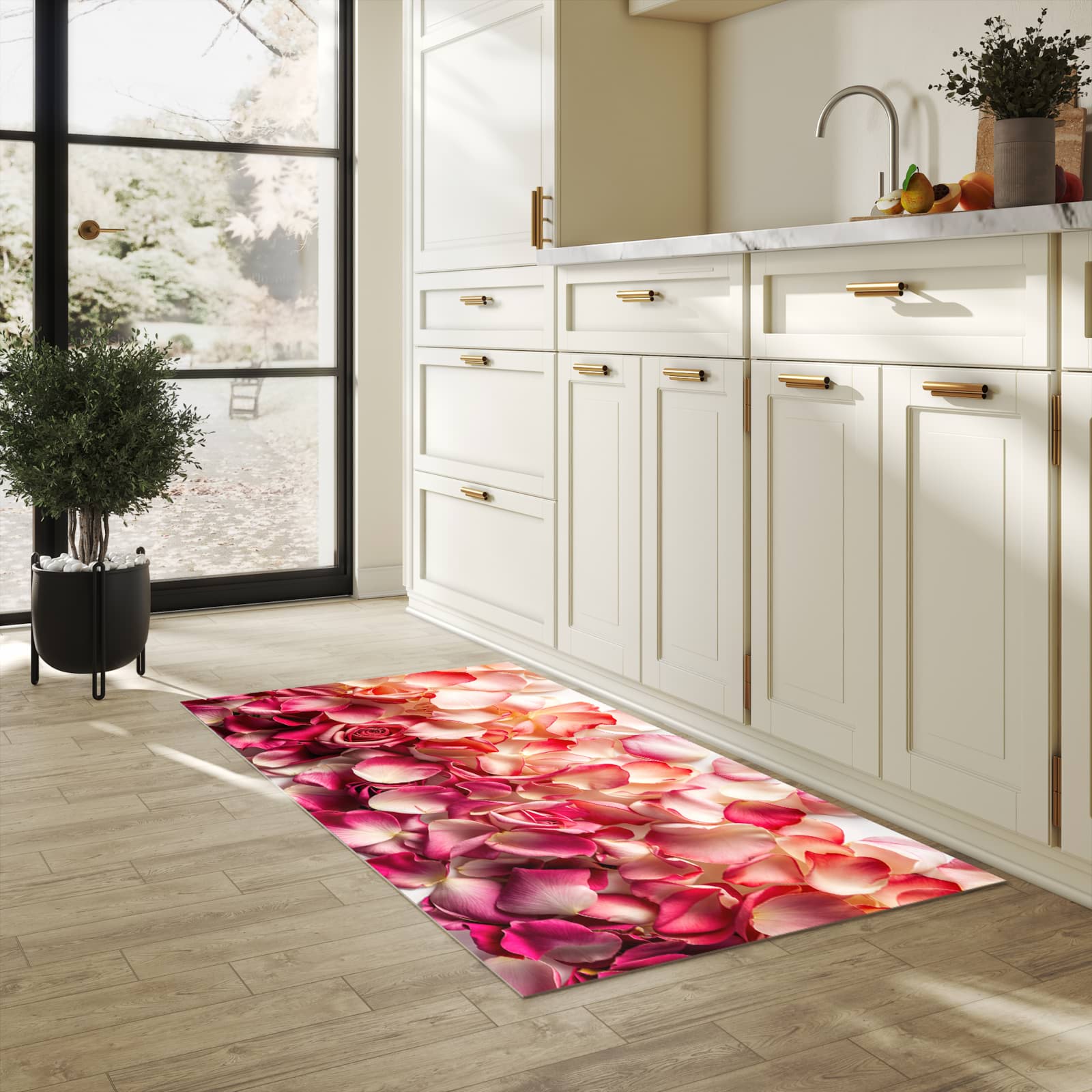 Zeitsparender großer Küchenteppich mit Motiv Rosenblätterbuntes Spiel in heller Küche